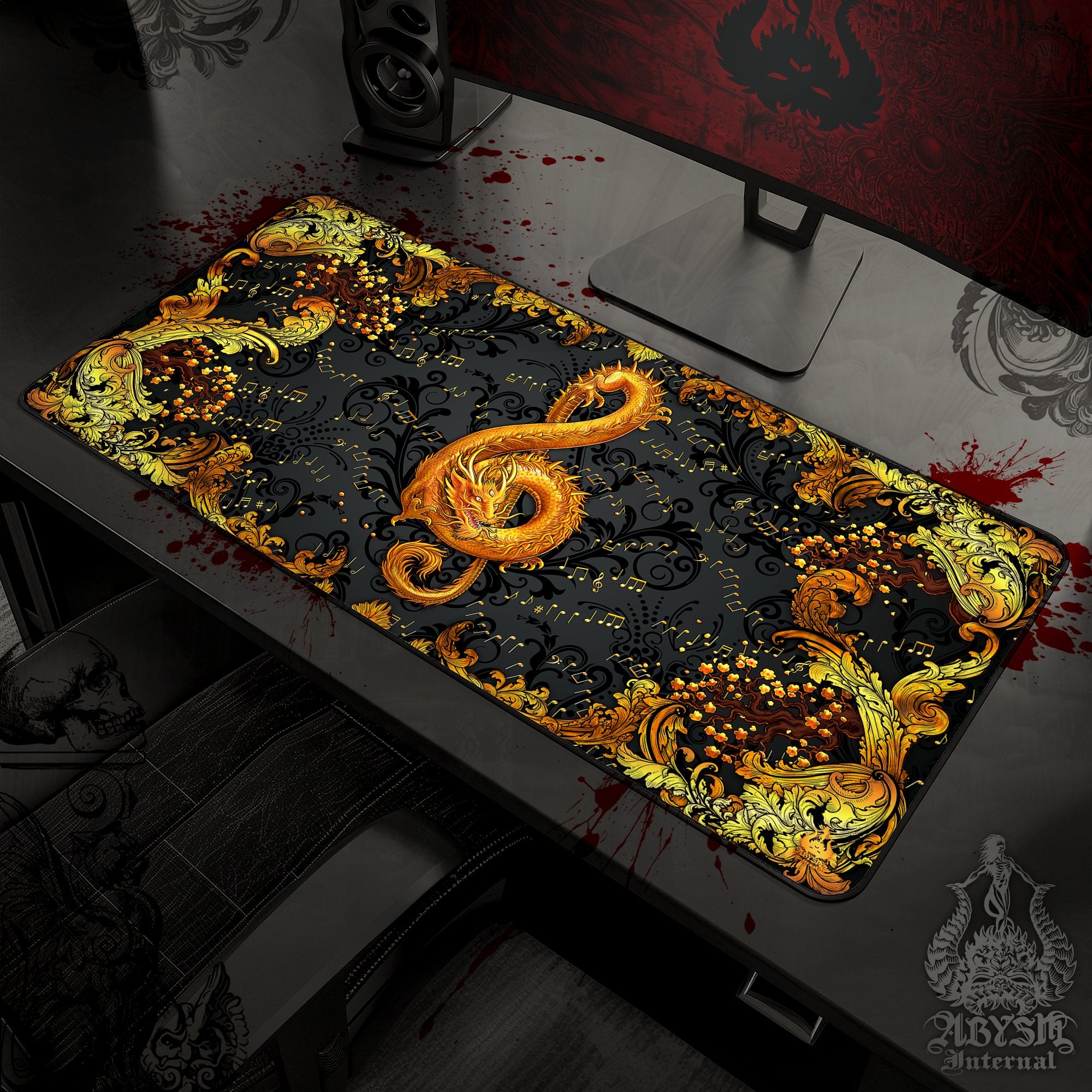 Gold Dragon Desk Mat, Music Gaming Mouse Pad, Asian Table Protector Cover, Ornamented Workpad, Treble Clef Art Print - 2 Colors - Abysm Internal