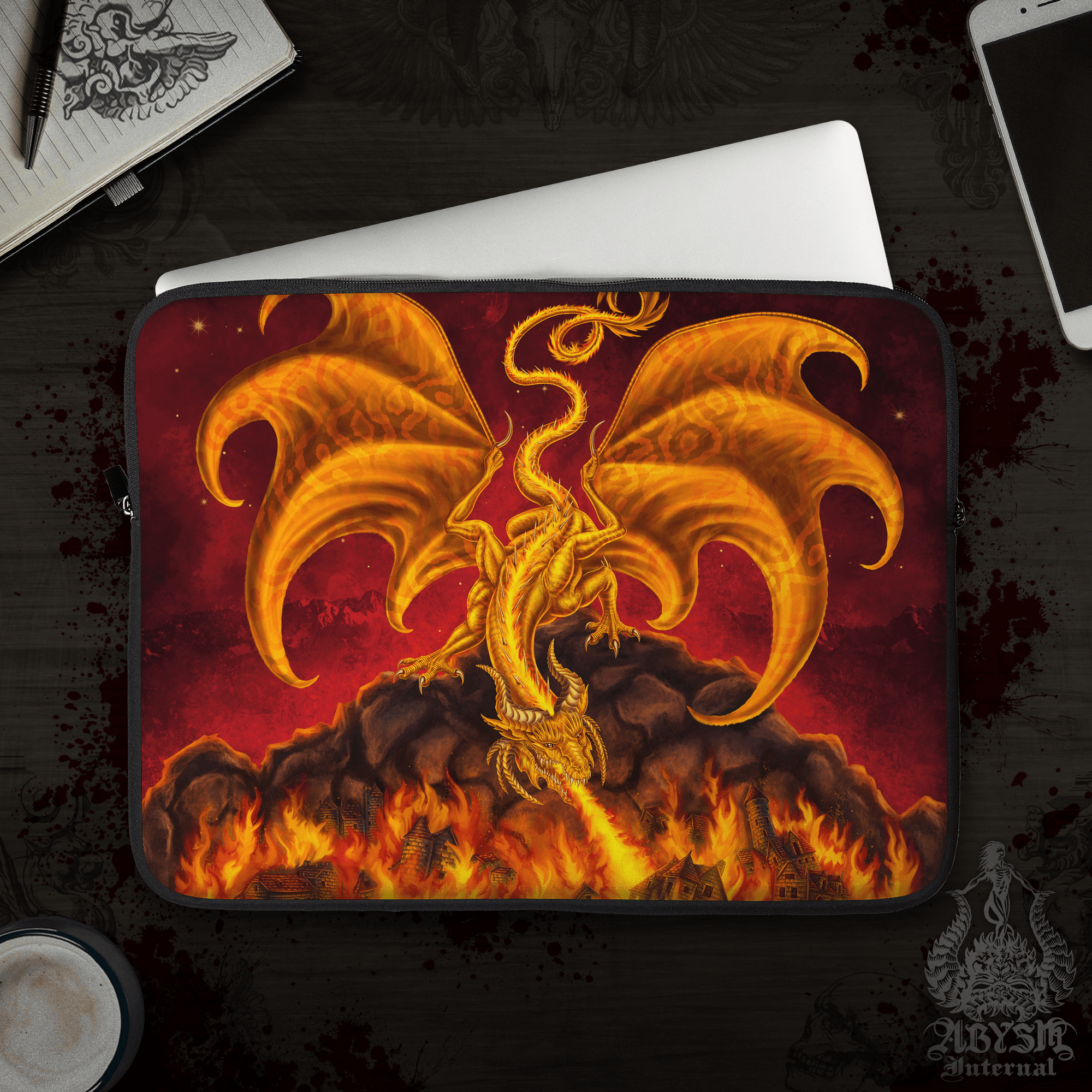 Gold Dragon Laptop Case – Fire, 13" & 15", Fantasy Art, Printed Padded Soft Sleeve - Abysm Internal