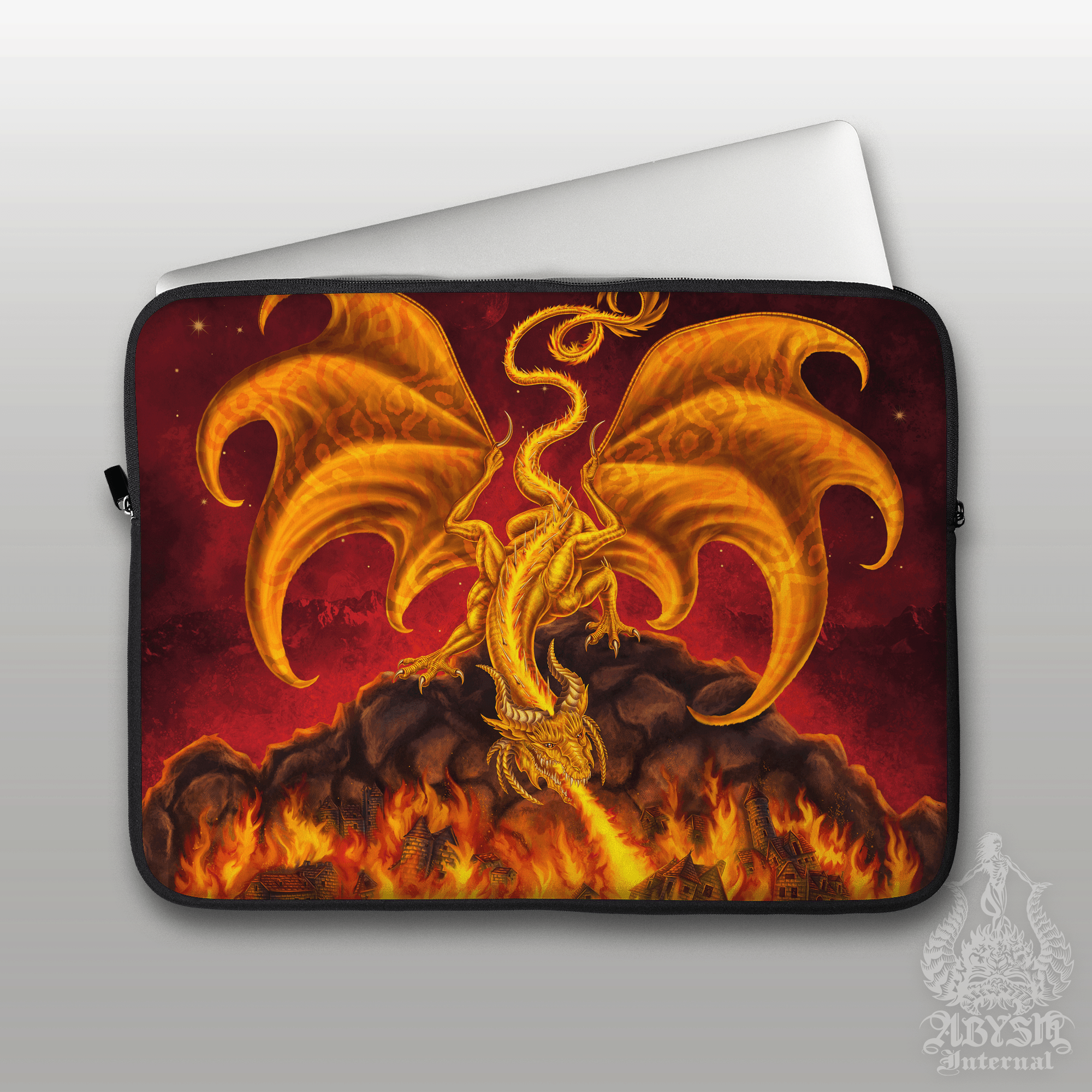 Gold Dragon Laptop Case – Fire, 13" & 15", Fantasy Art, Printed Padded Soft Sleeve - Abysm Internal