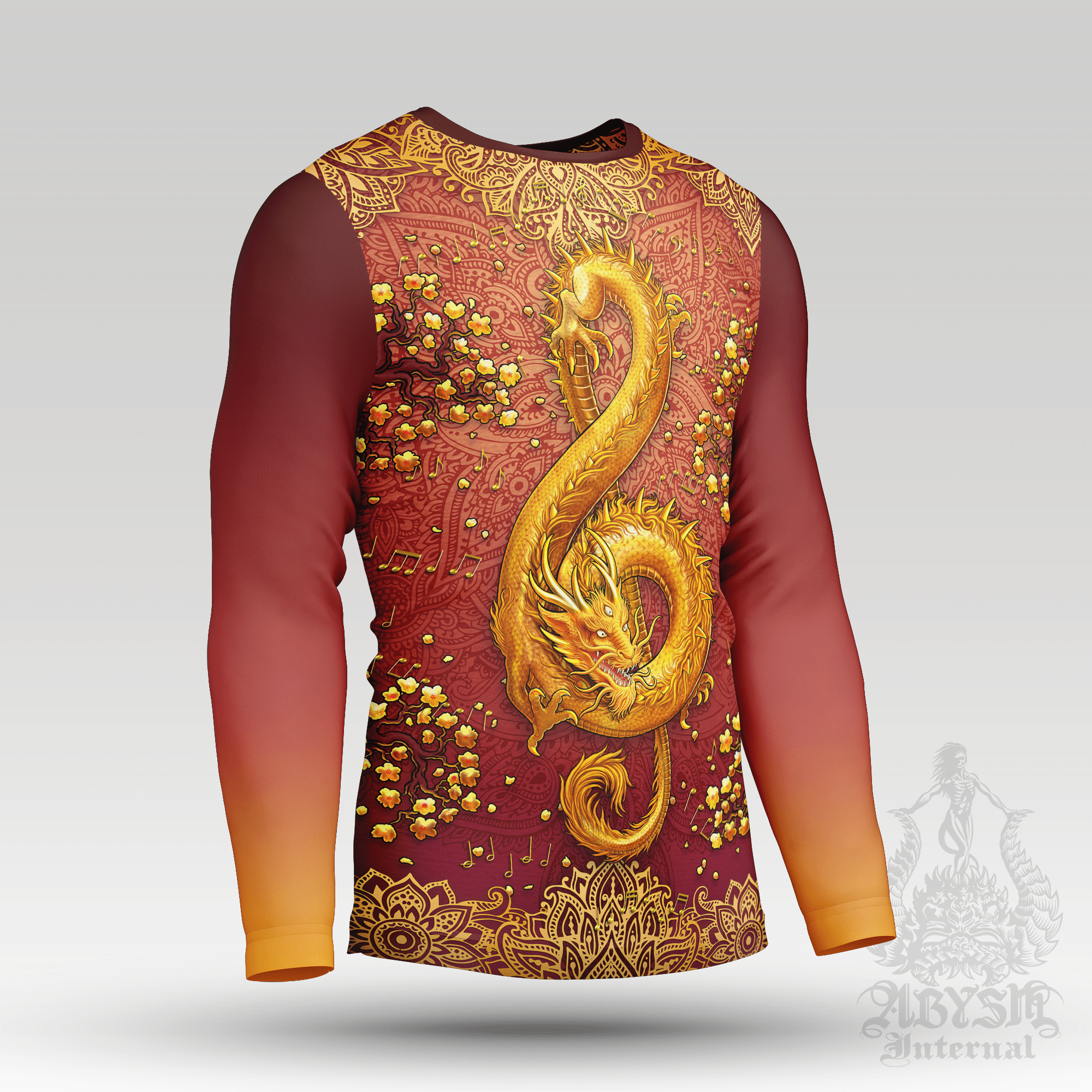 Gold Dragon Rash Guard - Indie Music, Boho Treble Clef Long Sleeve Surf Shirt, Mandalas Water Sports Top | Fantasy Art UV Protection Activewear for Men and Women - Abysm Internal