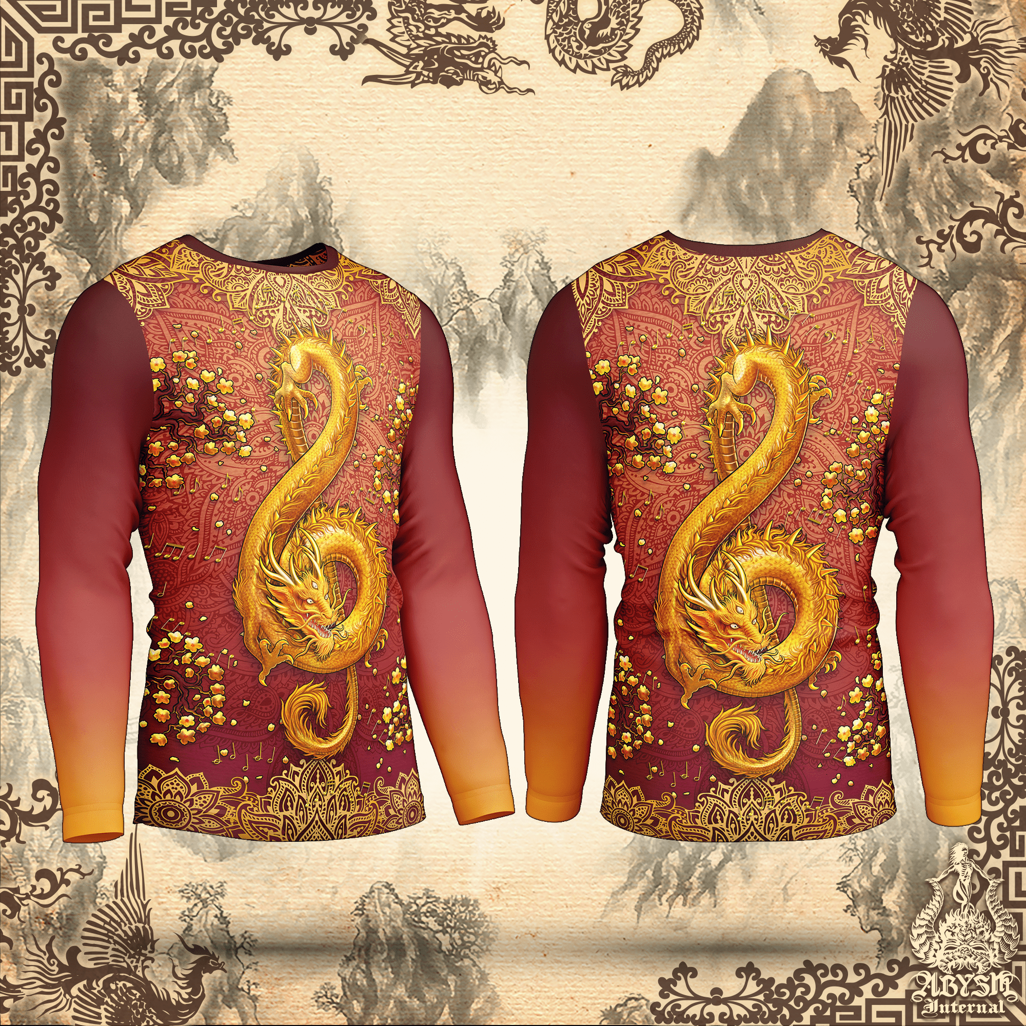 Gold Dragon Rash Guard - Indie Music, Boho Treble Clef Long Sleeve Surf Shirt, Mandalas Water Sports Top | Fantasy Art UV Protection Activewear for Men and Women - Abysm Internal