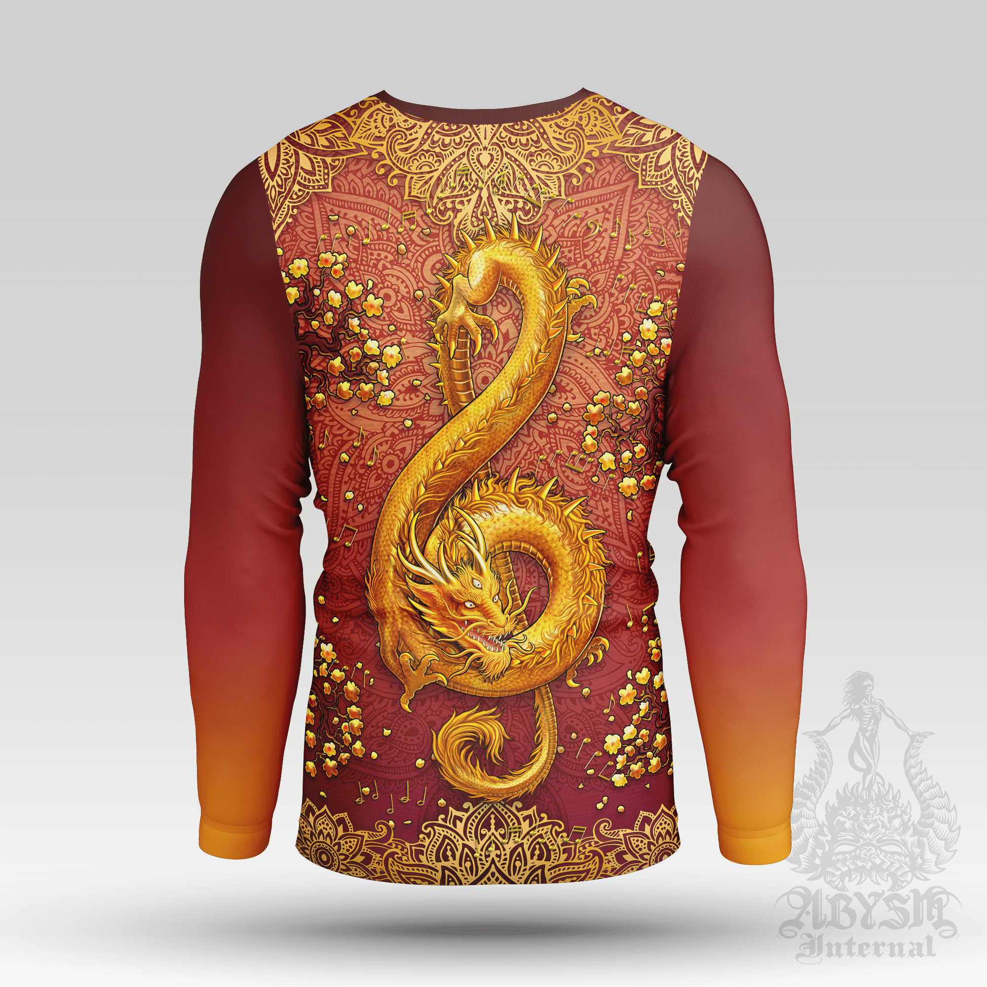 Gold Dragon Rash Guard - Indie Music, Boho Treble Clef Long Sleeve Surf Shirt, Mandalas Water Sports Top | Fantasy Art UV Protection Activewear for Men and Women - Abysm Internal
