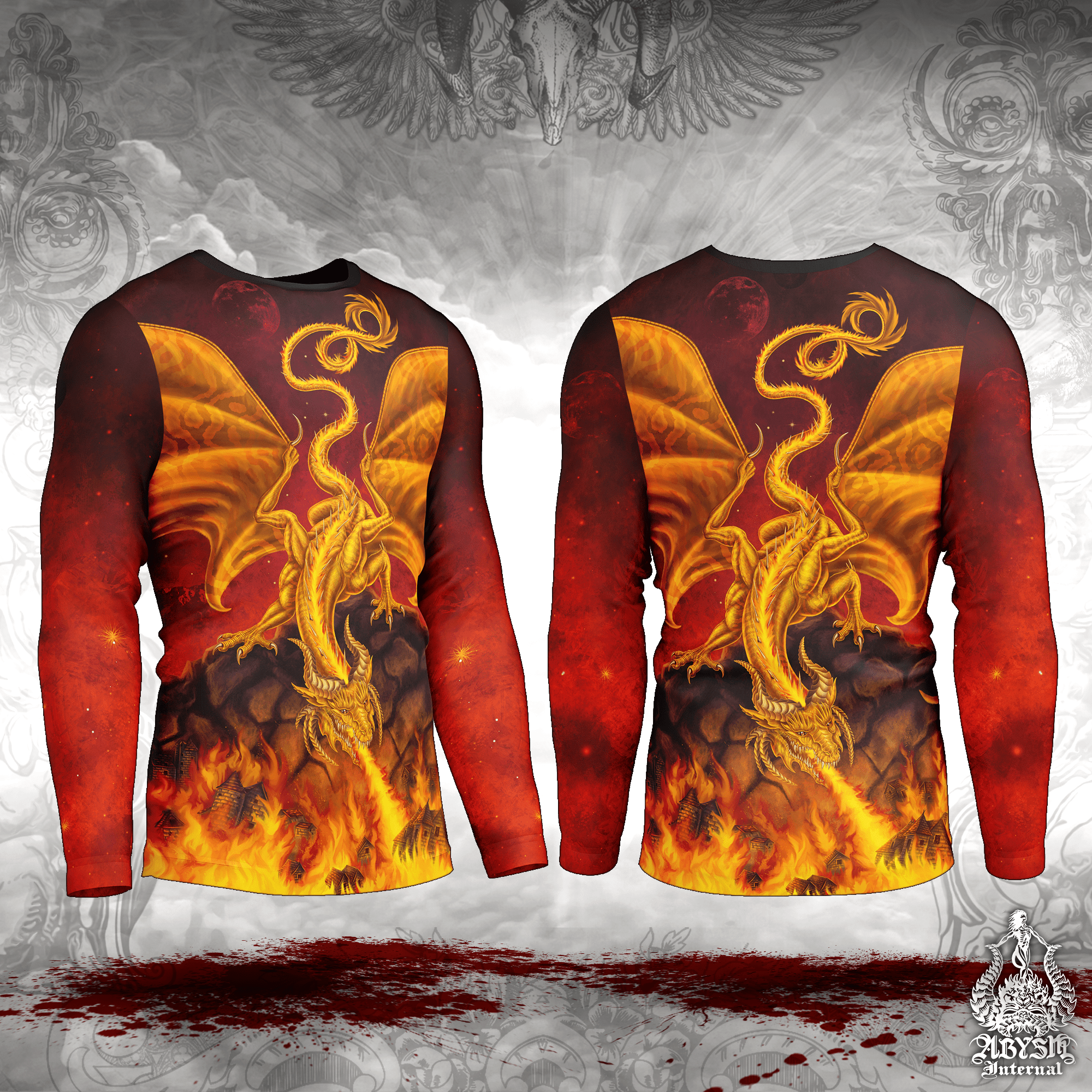 Gold Dragon Rash Guard, Long Sleeve Surf Shirt, Vibrant Fire Sports Top | Fantasy Art UV Protection Activewear for Men and Women - Abysm Internal