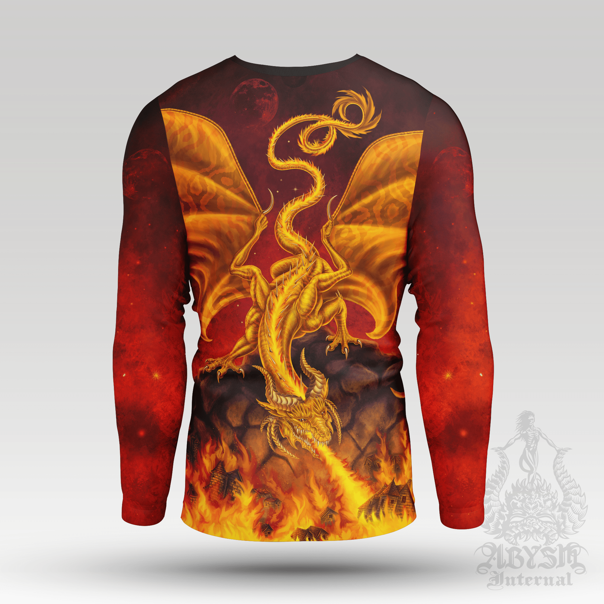 Gold Dragon Rash Guard, Long Sleeve Surf Shirt, Vibrant Fire Sports Top | Fantasy Art UV Protection Activewear for Men and Women - Abysm Internal