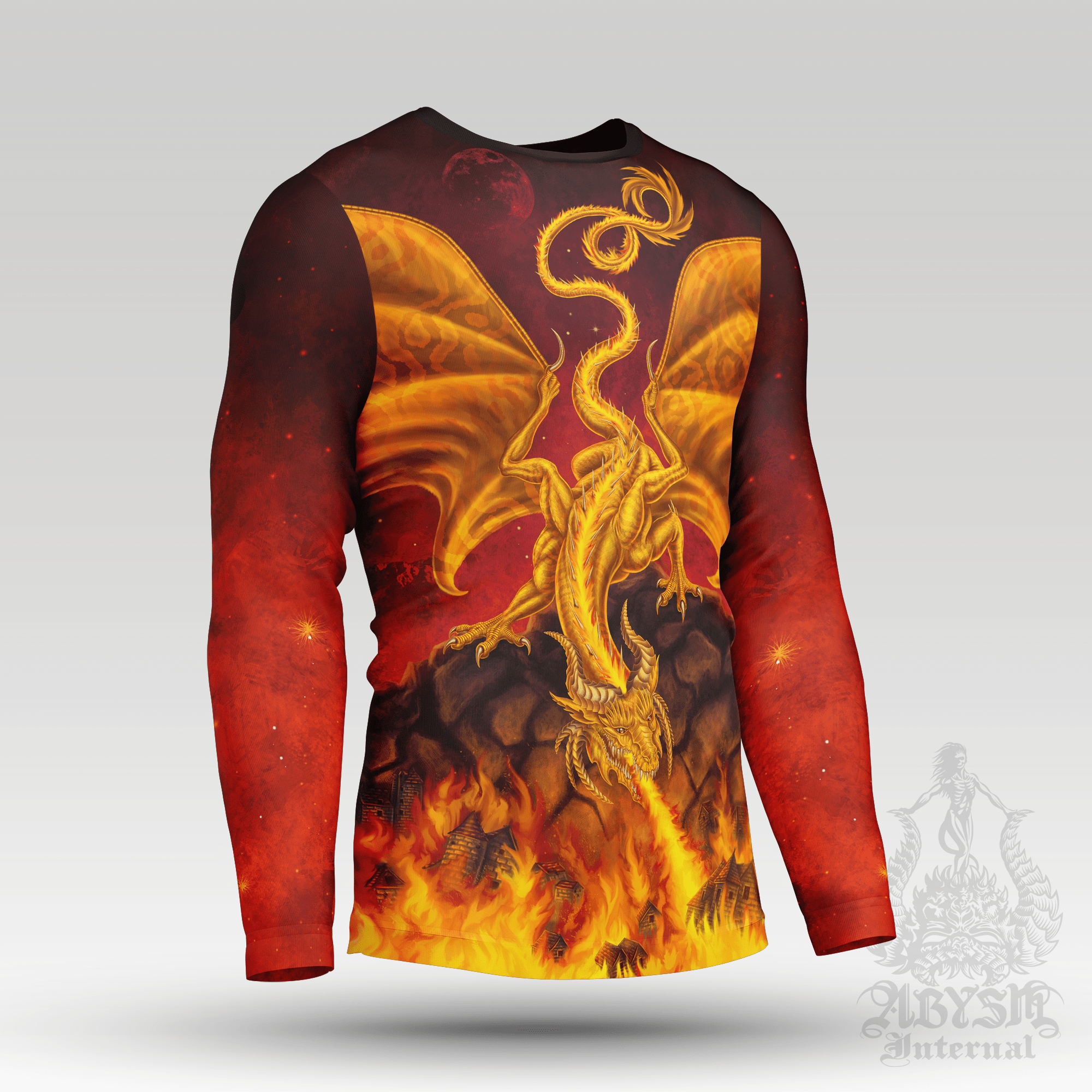 Gold Dragon Rash Guard, Long Sleeve Surf Shirt, Vibrant Fire Sports Top | Fantasy Art UV Protection Activewear for Men and Women - Abysm Internal