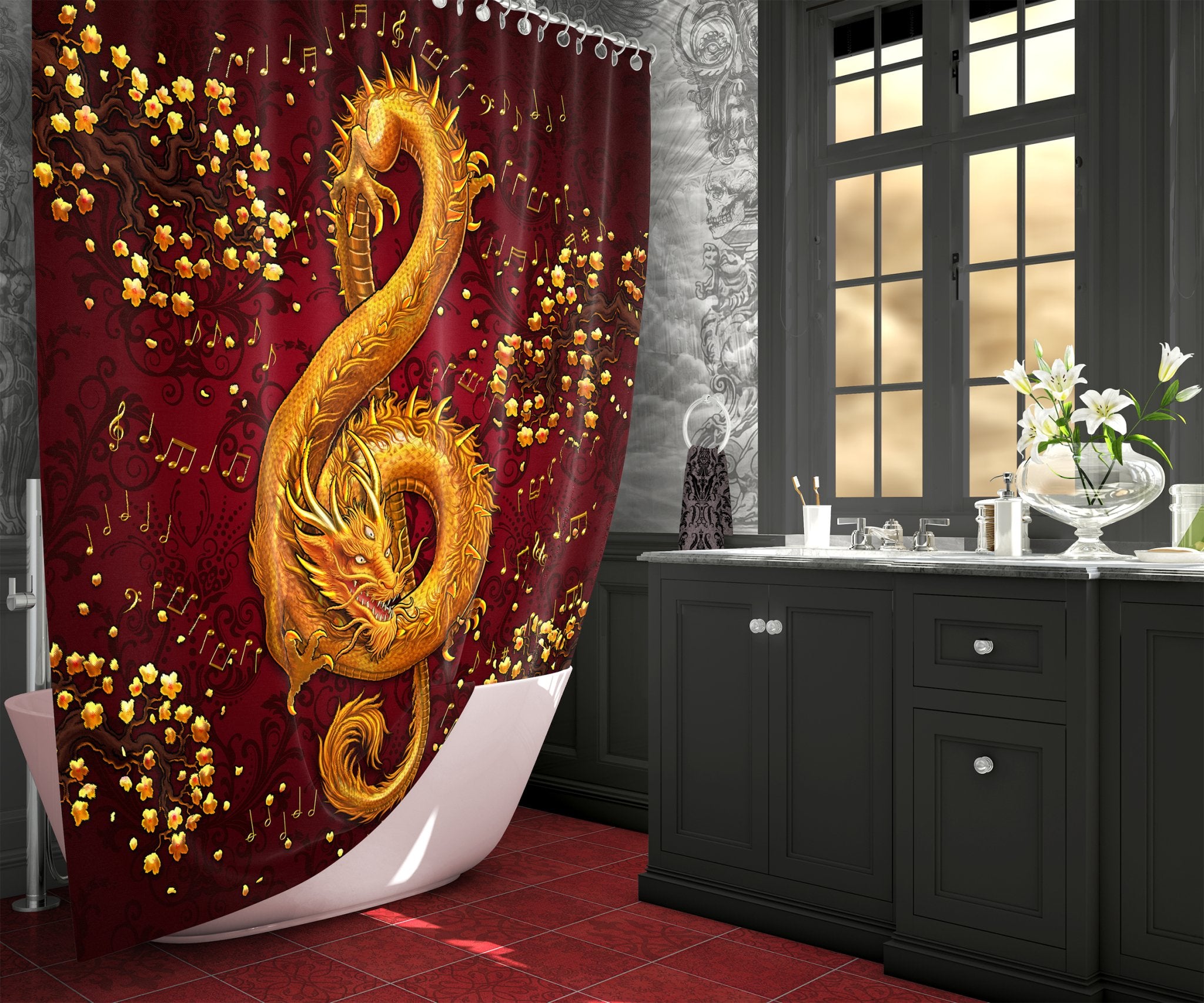 Gold Dragon Shower Curtain, 71x74 inches, Fantasy Art, Alternative Bathroom Decor, Treble Clef, Music Home Art - Black and Red, 2 Colors - Abysm Internal