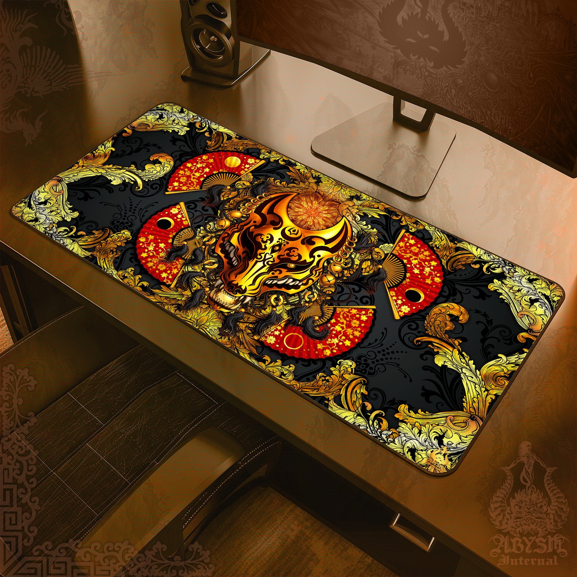 Gold Kitsune Mouse Pad, Fox Mask Gaming Desk Mat, Manga Wolf Workpad, Anime Okami Table Protector Cover, Japanese Youkai Art Print - Abysm Internal