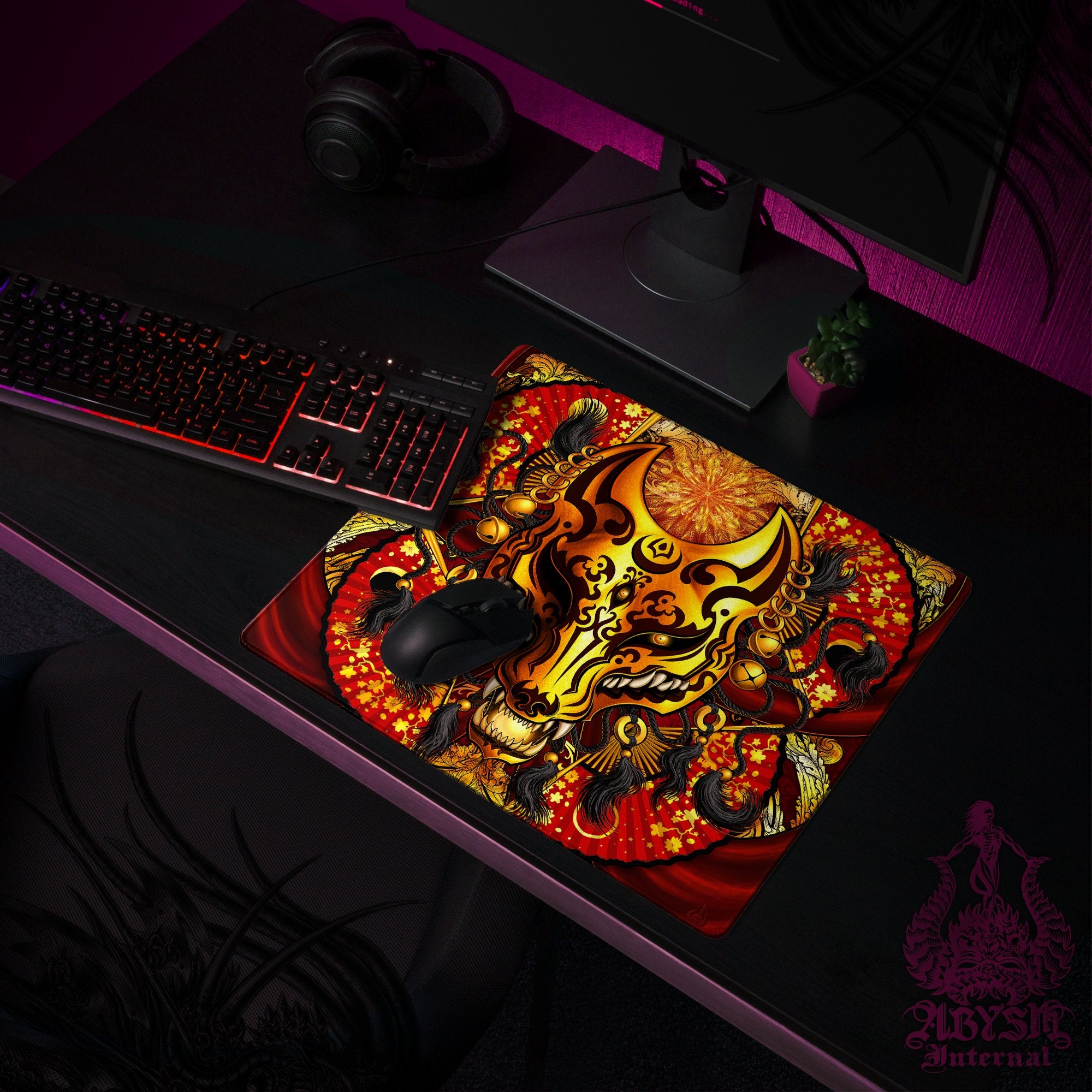 Gold Kitsune Mouse Pad, Fox Mask Gaming Desk Mat, Manga Wolf Workpad, Anime Okami Table Protector Cover, Japanese Youkai Art Print - Abysm Internal