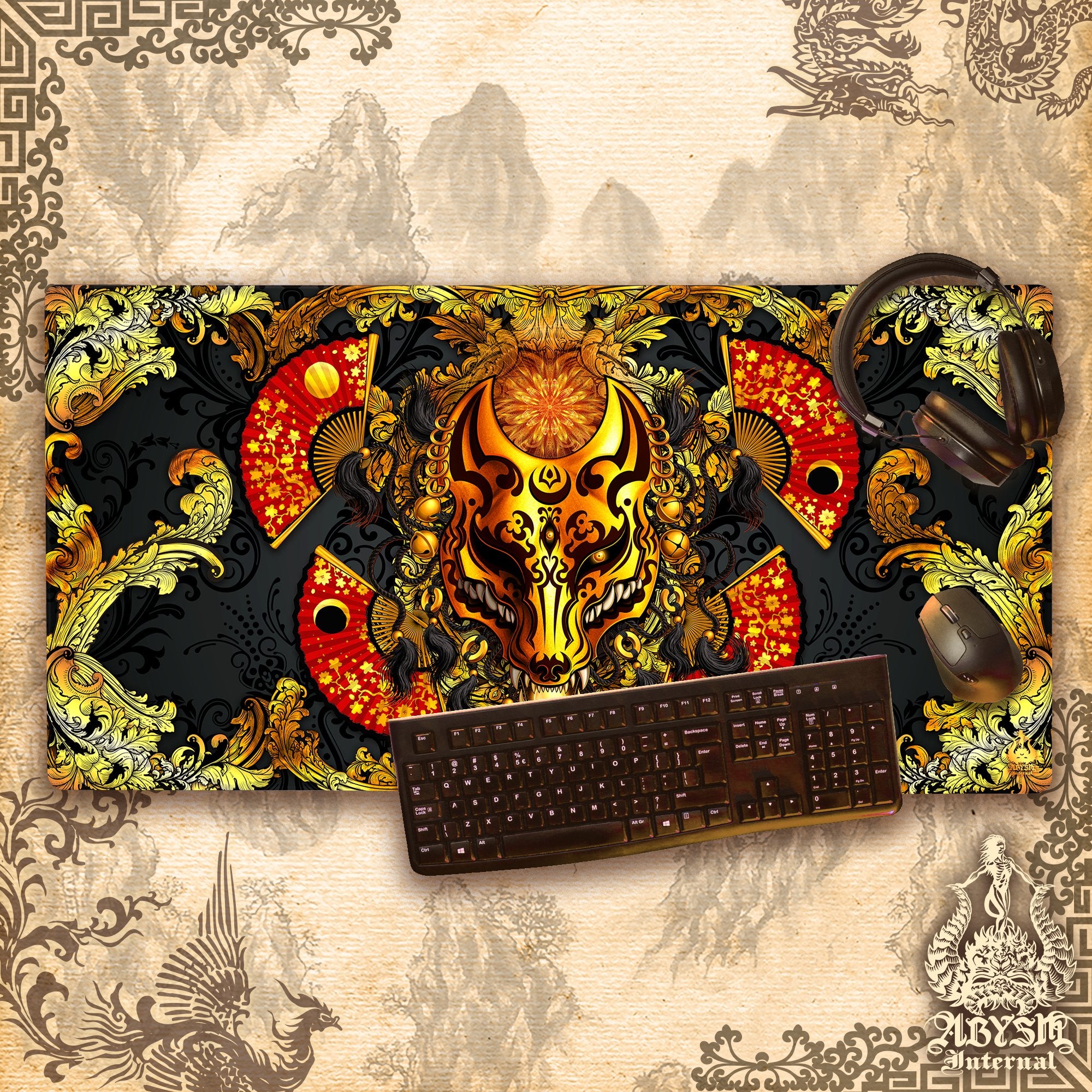 Gold Kitsune Mouse Pad, Fox Mask Gaming Desk Mat, Manga Wolf Workpad, Anime Okami Table Protector Cover, Japanese Youkai Art Print - Abysm Internal