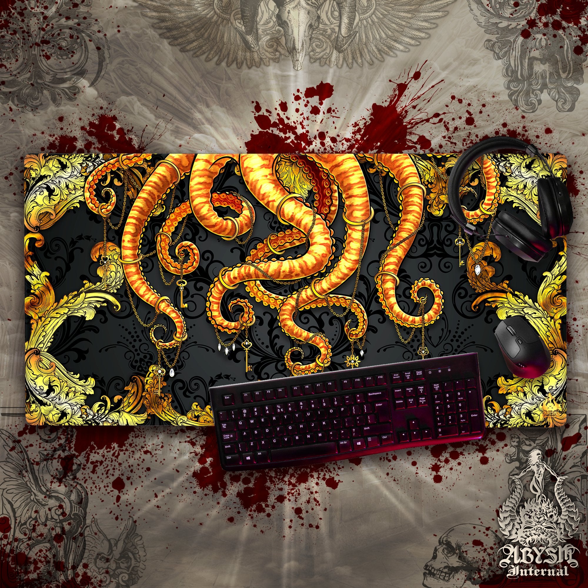 Gold Octopus Mouse Pad, Tentacles Gaming Desk Mat, Baroque Workpad, Gamer Table Protector Cover, Fantasy Art Print - 2 Colors - Abysm Internal