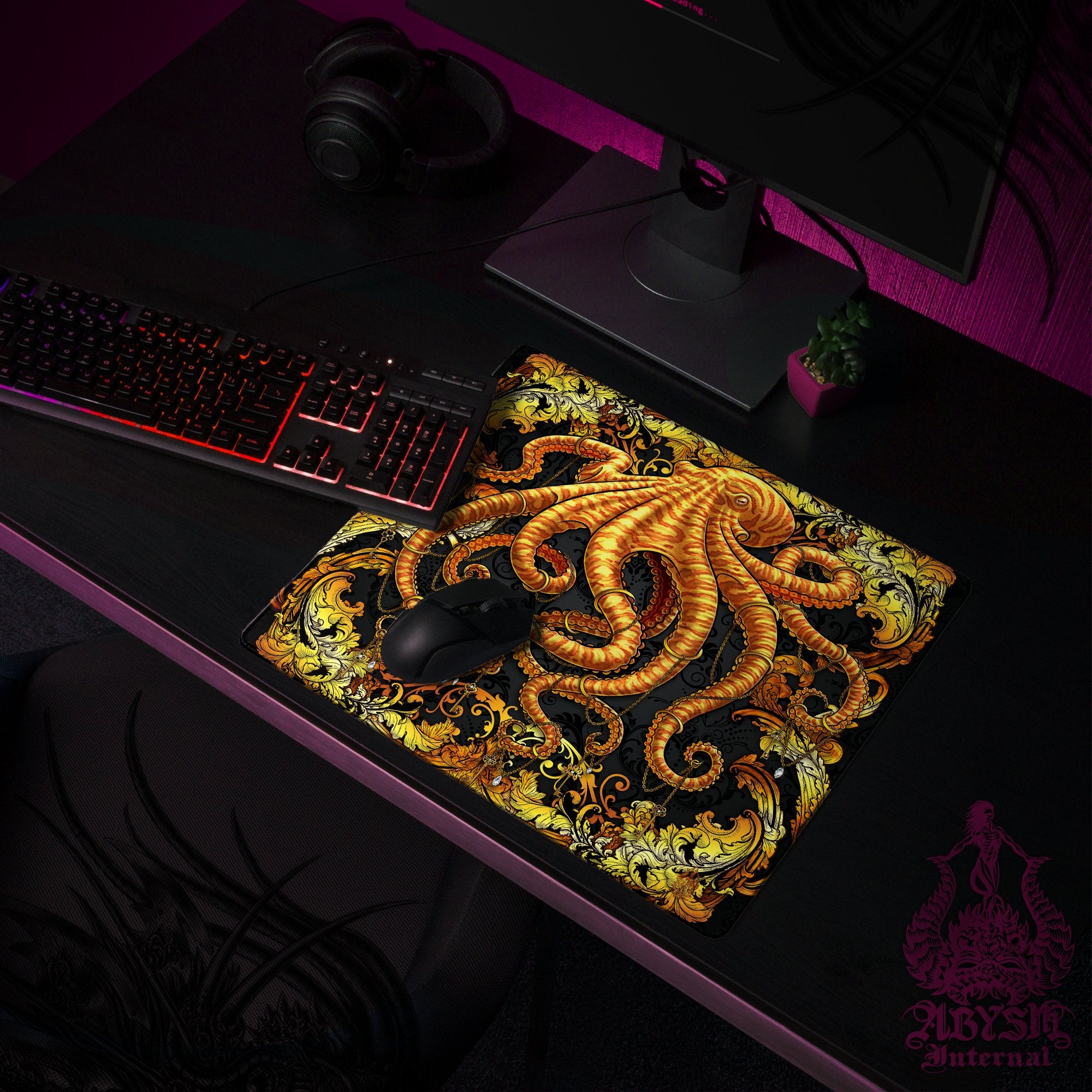 Gold Octopus Mouse Pad, Tentacles Gaming Desk Mat, Baroque Workpad, Gamer Table Protector Cover, Fantasy Art Print - 2 Colors - Abysm Internal
