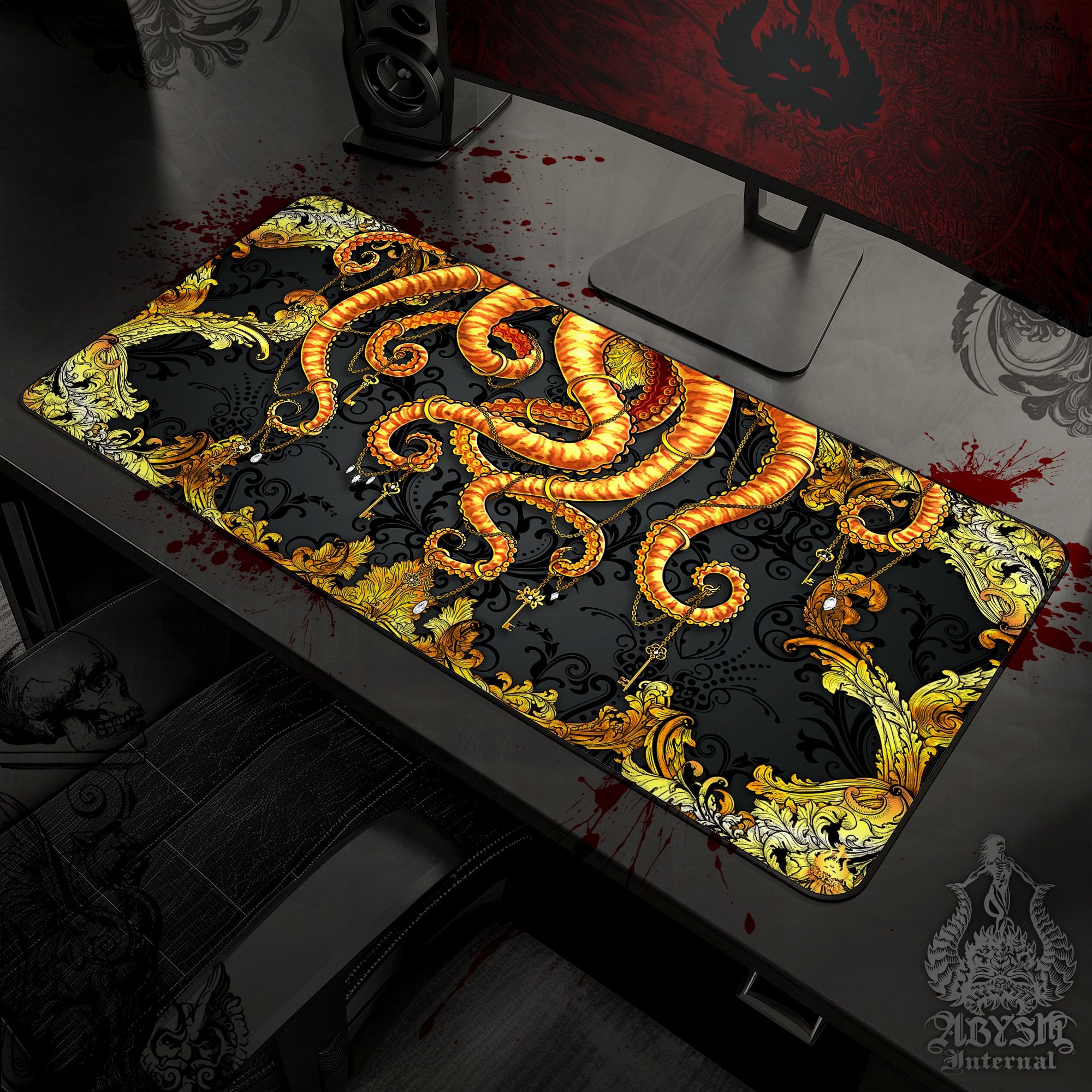 Gold Octopus Mouse Pad, Tentacles Gaming Desk Mat, Baroque Workpad, Gamer Table Protector Cover, Fantasy Art Print - 2 Colors - Abysm Internal
