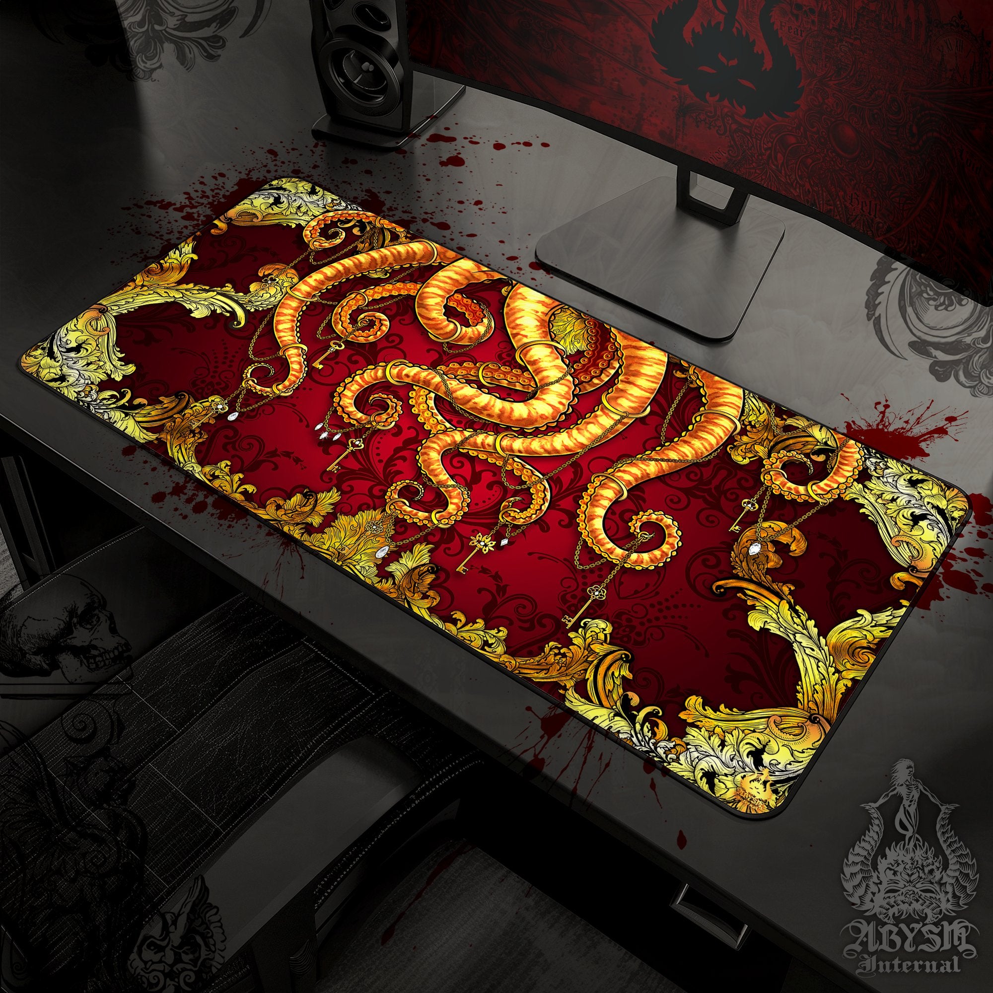 Gold Octopus Mouse Pad, Tentacles Gaming Desk Mat, Baroque Workpad, Gamer Table Protector Cover, Fantasy Art Print - 2 Colors - Abysm Internal