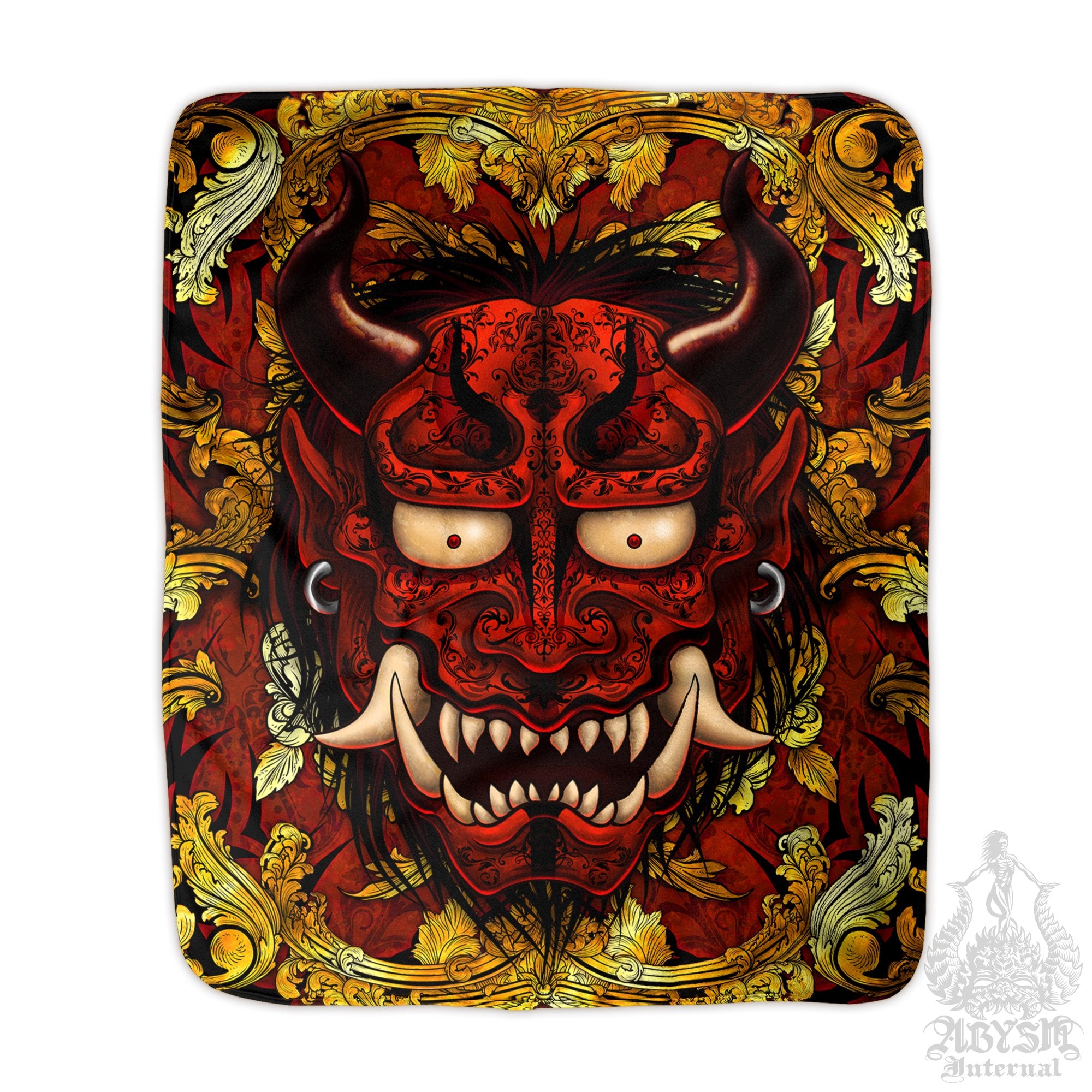 Gold Oni Sherpa Fleece Throw Blanket, Japanese Demon, Alternative and Goth Home Decor - Black and Red, 2 Colors - Abysm Internal