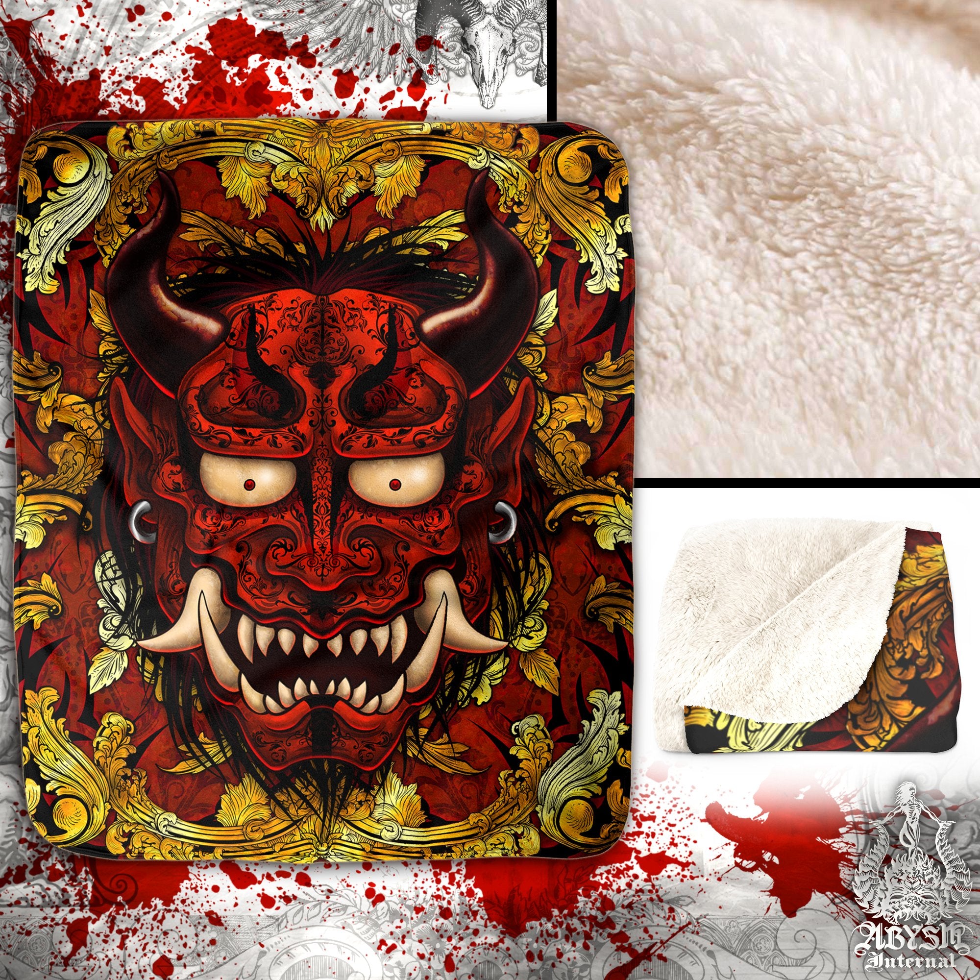 Gold Oni Sherpa Fleece Throw Blanket, Japanese Demon, Alternative and Goth Home Decor - Black and Red, 2 Colors - Abysm Internal