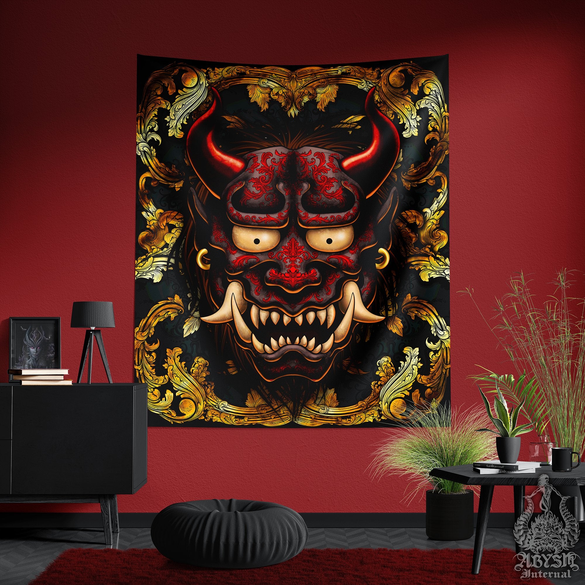 Gold Oni Tapestry, Goth Wall Hanging, Japanese Demon, Anime and Gamer Home Decor, Vertical Art Print - Red and Black, 2 Colors - Abysm Internal