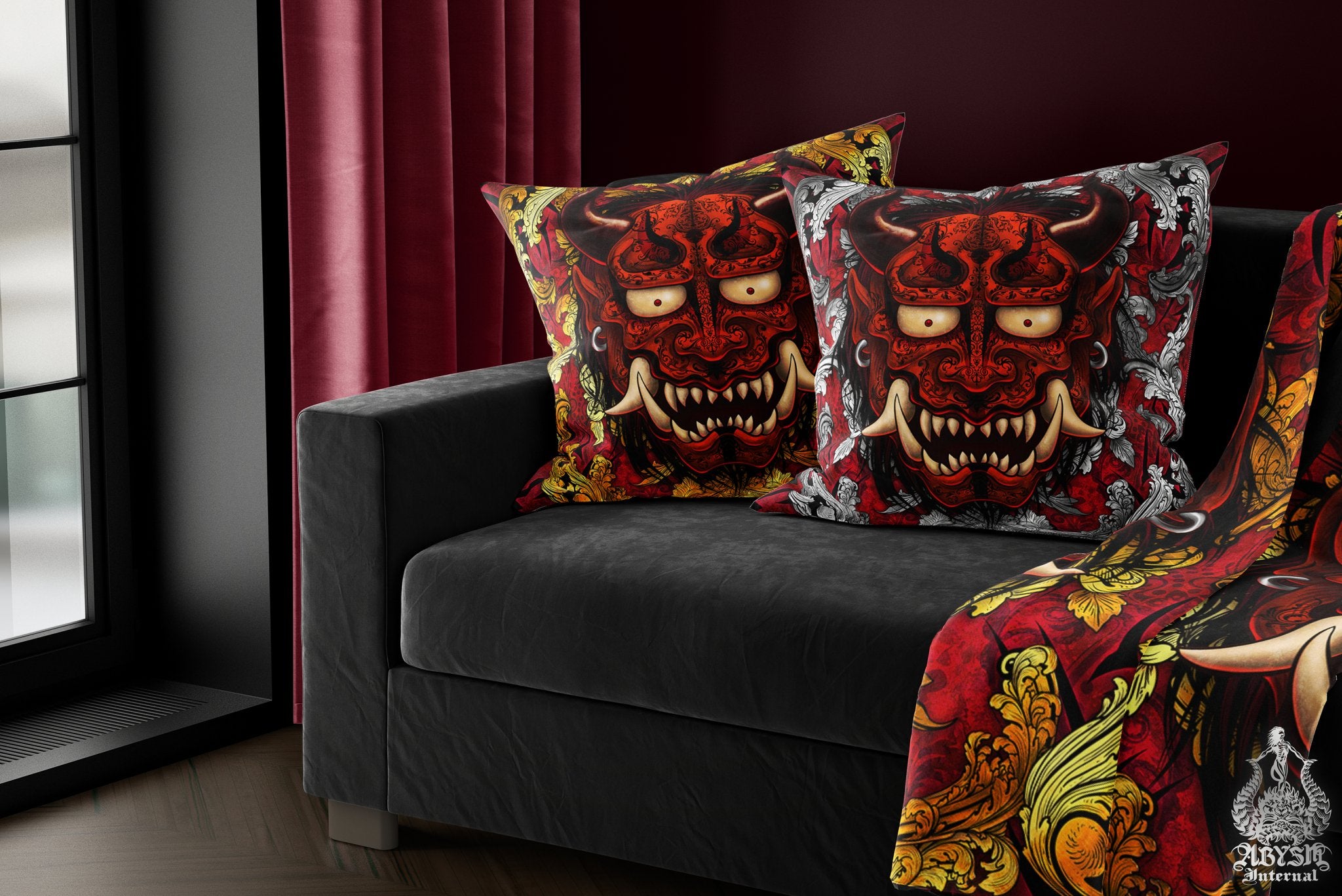Gold Oni Throw Pillow, Decorative Accent Pillow, Square Cushion Cover, Demon, Alternative Home - Red or Black, 2 Colors - Abysm Internal