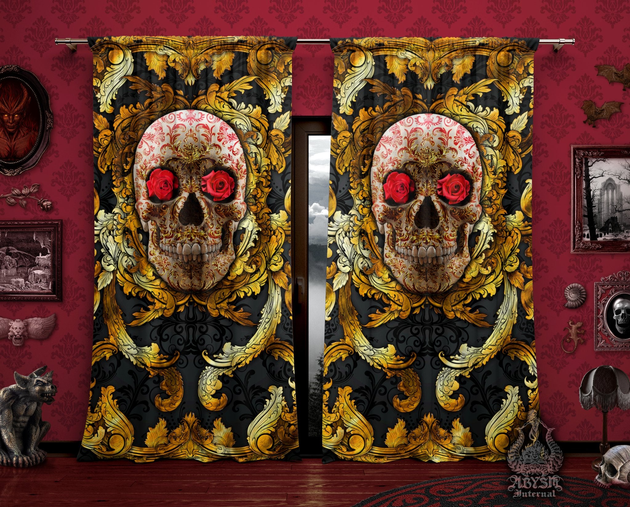 Gold Skull Curtains, 50x84' Printed Window Panels, Macabre Art Print, Victorian Goth Home Decor - Diamonds or Roses, 2 versions - Abysm Internal