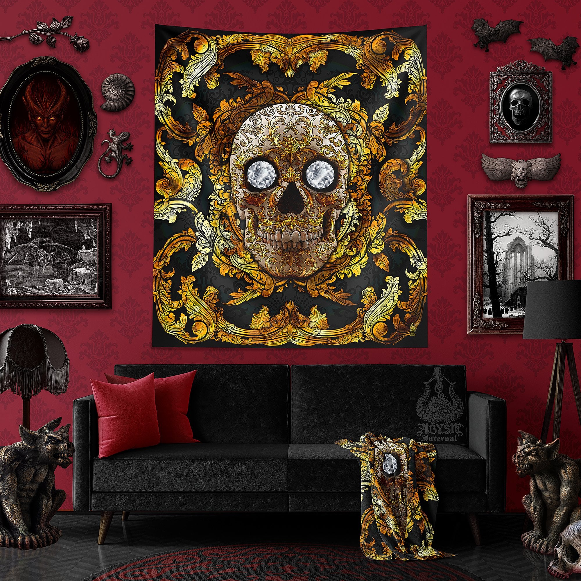 Gold Skull Tapestry, Macabre Wall Hanging, Goth Home Decor, Vertical Art Print - Red Roses and Diamonds, 2 versions - Abysm Internal