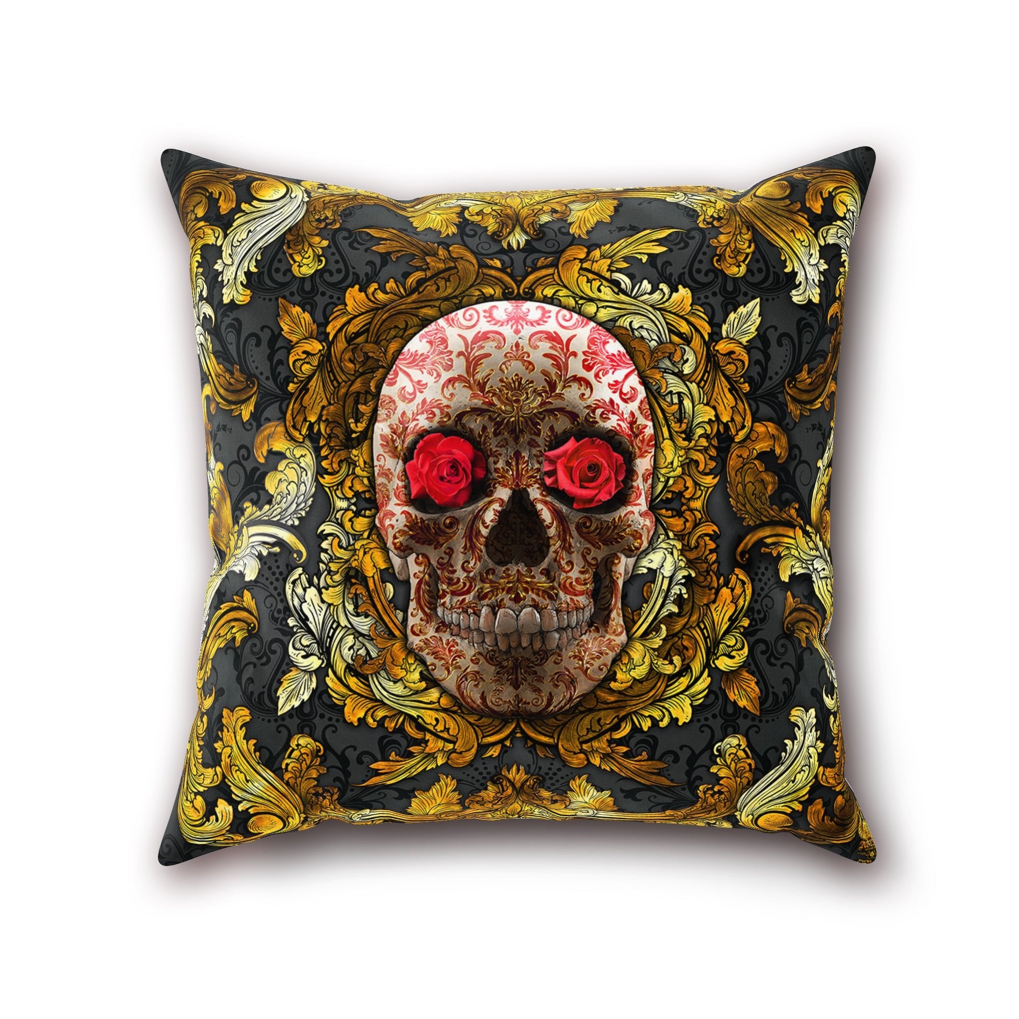 Gold Skull Throw Pillow, Decorative Accent Pillow, Square Cushion Cover, Vintage, Baroque Decor, Macabre Art, Alternative Home - Black and Red, 2 Colors - Abysm Internal