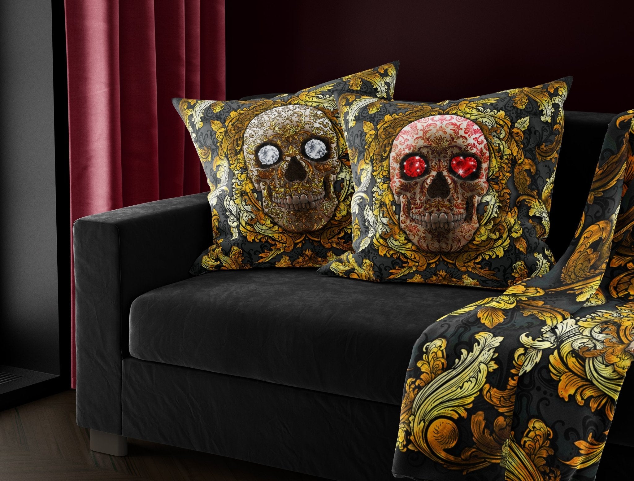 Gold Skull Throw Pillow, Decorative Accent Pillow, Square Cushion Cover, Vintage, Baroque Decor, Macabre Art, Alternative Home - Black and Red, 2 Colors - Abysm Internal