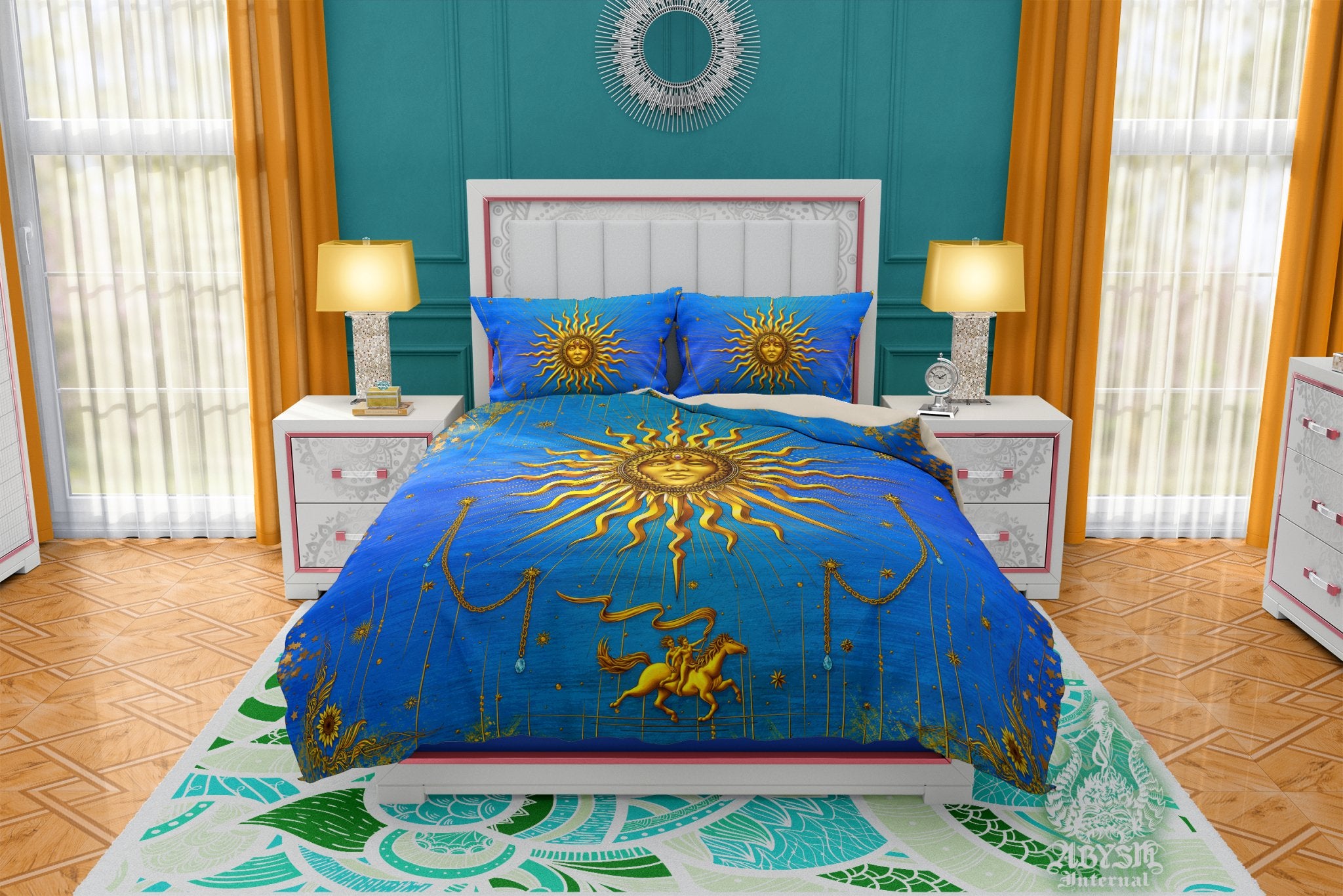 Gold Sun Duvet Cover, Bed Covering, Esoteric Comforter, Boho Bedroom Decor King, Queen & Twin Bedding Set - Indie Tarot Arcana Art, 7 Colors - Abysm Internal