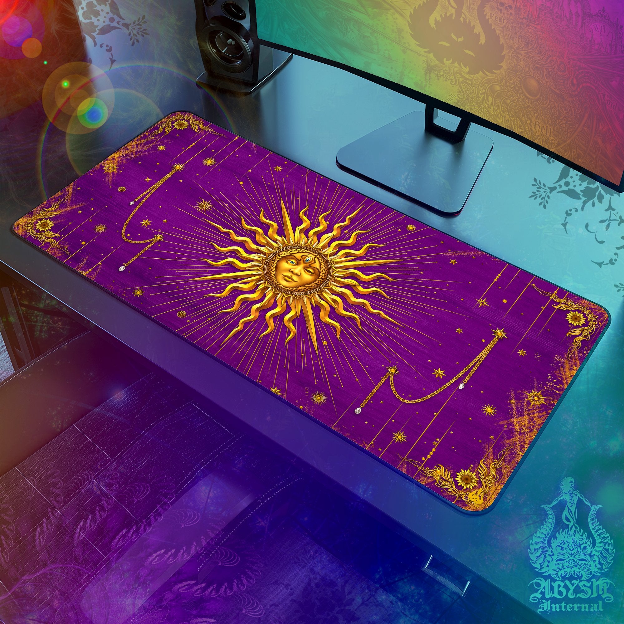 Gold Sun Mouse Pad, Tarot Arcana Gaming Desk Mat, Witch Workpad, Boho Table Protector Cover, Indie Room, Esoteric Art Print - 7 Colors - Abysm Internal