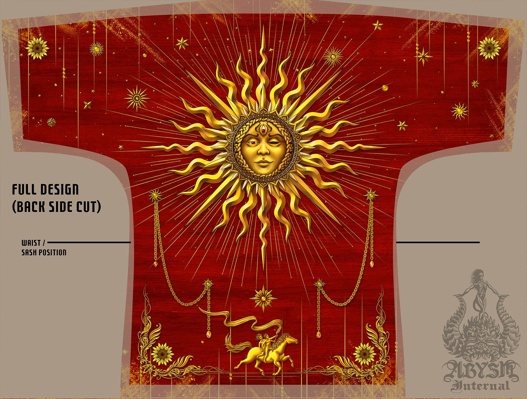 Gold Sun Short Kimono Robe, Indie Beach Party Outfit, Tarot Arcana Coverup, Hippie Summer Festival, Colorful Boho Clothing, Unisex - 7 Colors - Abysm Internal