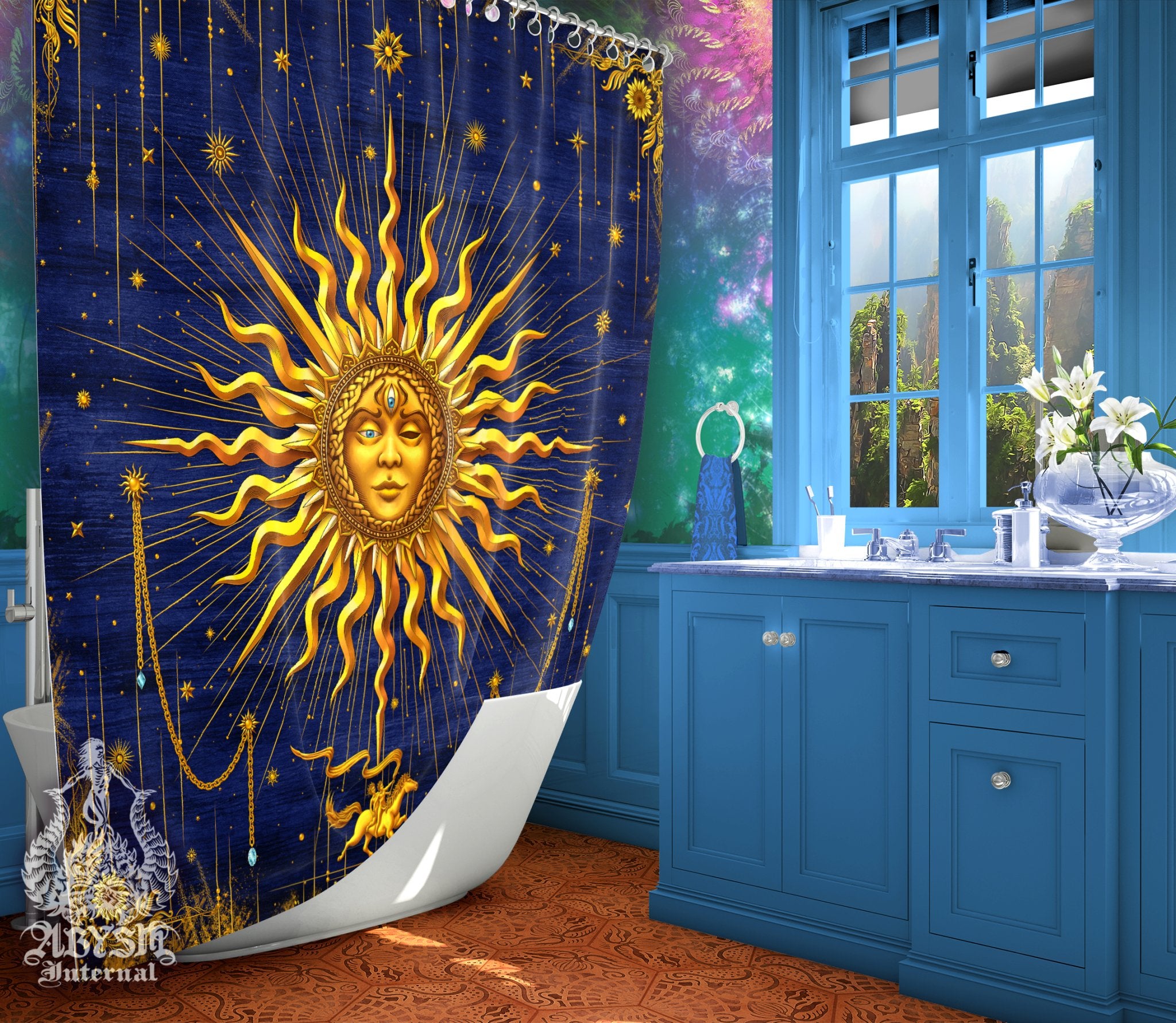 Gold Sun Shower Curtain, 71x74 inches, Boho Bathroom Decor, Tarot Arcana, Esoteric Art Print, Indie Home - 7 Colors - Abysm Internal