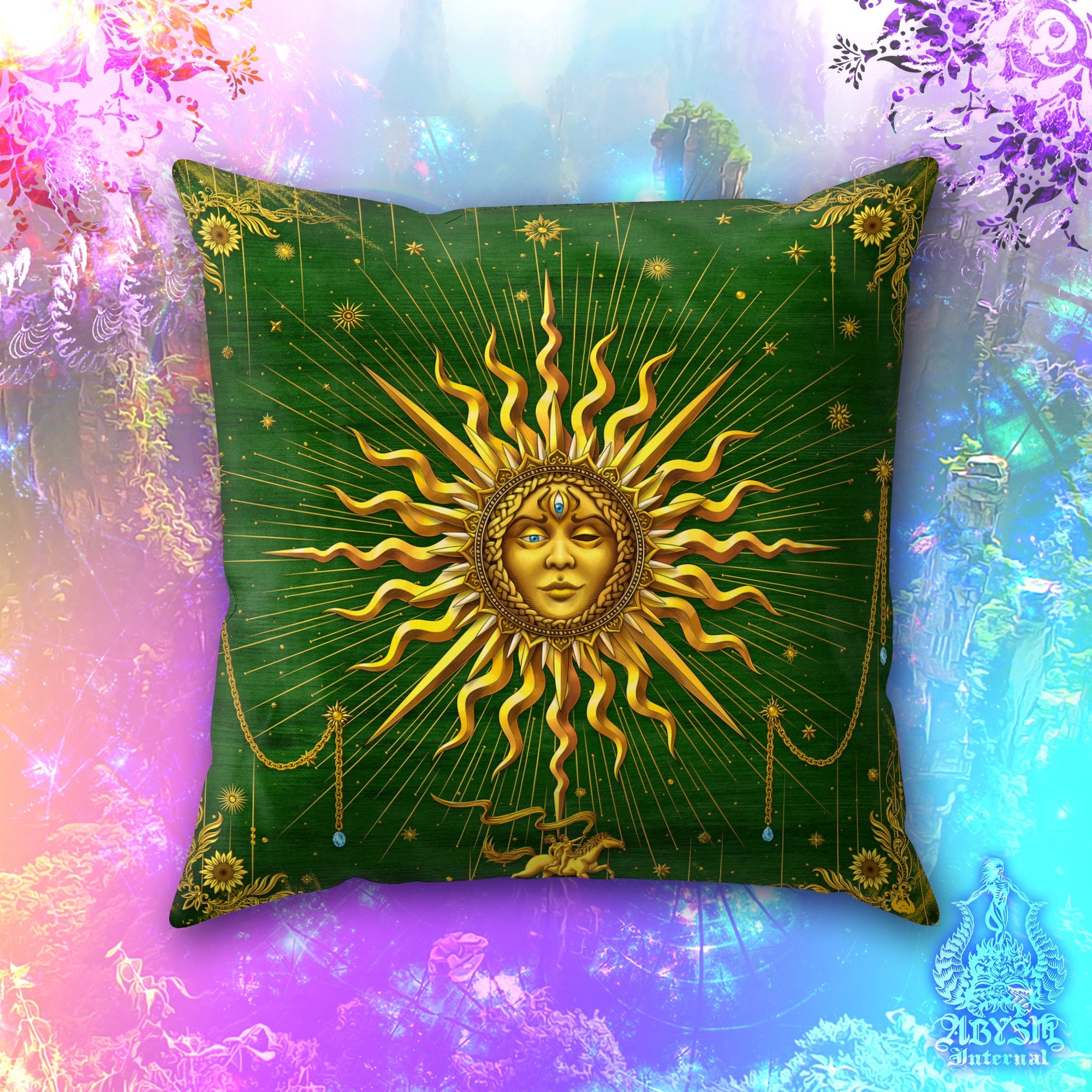 Gold Sun Throw Pillow, Boho Decorative Accent Pillow, Square Cushion Cover, Arcana Tarot Art, Indie Home, Magic & Fortune Room Decor - 7 Colors - Abysm Internal
