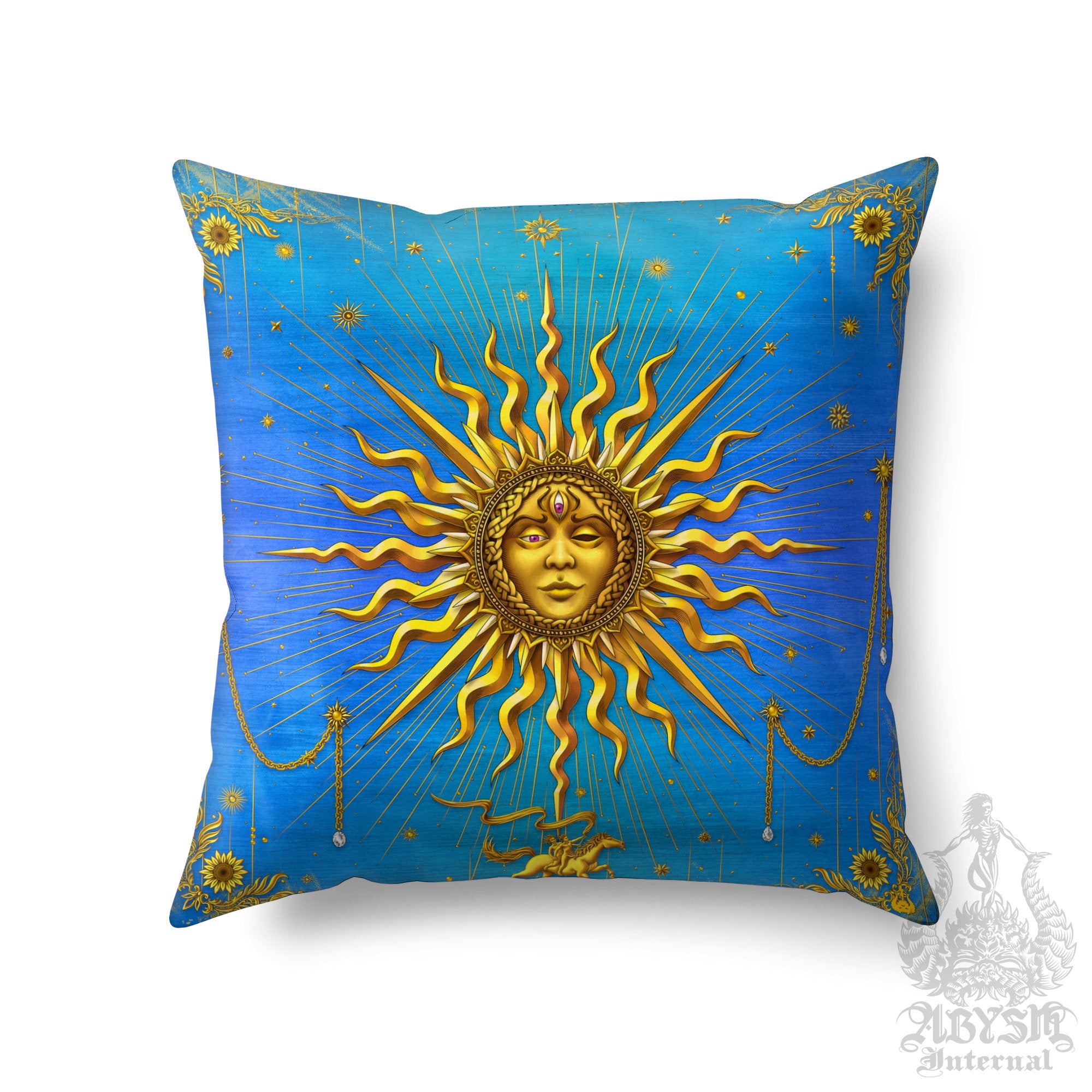 Gold Sun Throw Pillow, Boho Decorative Accent Pillow, Square Cushion Cover, Arcana Tarot Art, Indie Home, Magic & Fortune Room Decor - 7 Colors - Abysm Internal