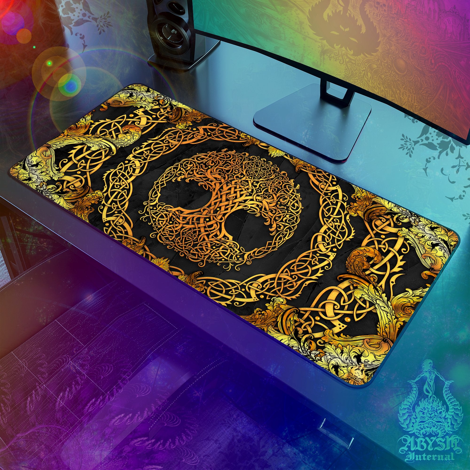Gold Tree of Life Mouse Pad, Celtic Knotwork Gaming Desk Mat, Wicca Workpad, Indie Table Protector Cover, Art Print - 3 Colors - Abysm Internal