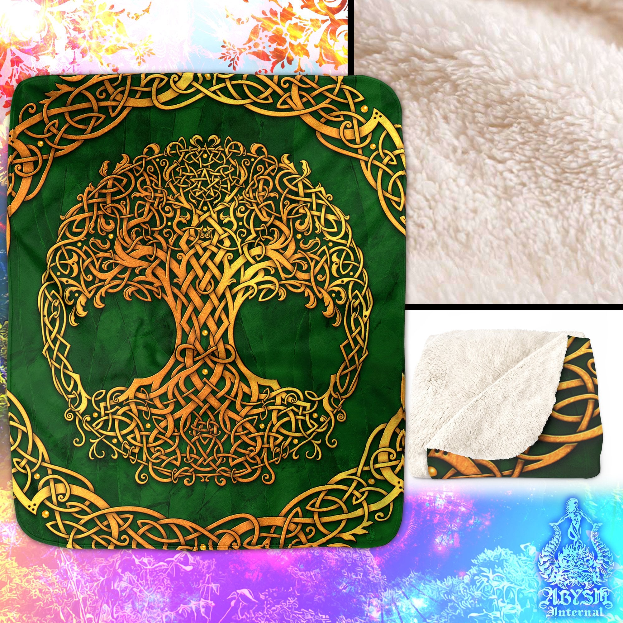Gold Tree of Life Sherpa Fleece Throw Blanket, Pagan Decor, Celtic Knot, Witchy Room, Wicca - Purple, Green or Black, 3 Colors - Abysm Internal