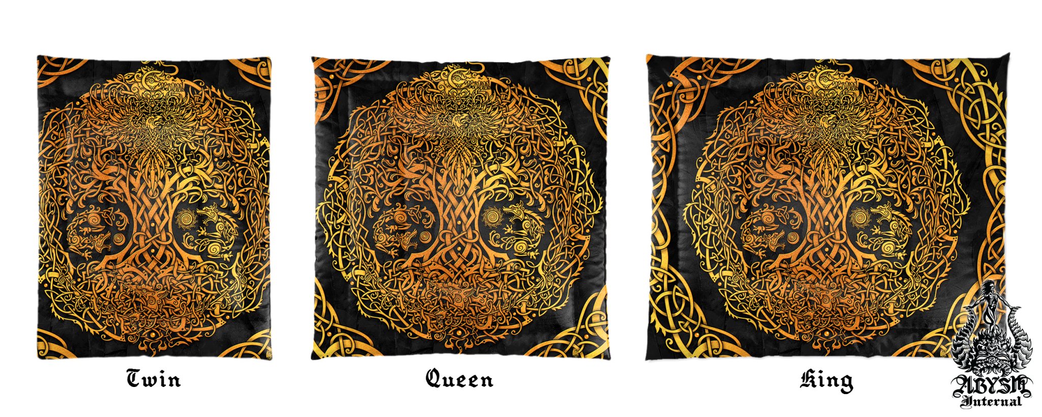 Gold Yggdrasil Bedding Set, Comforter or Duvet, Viking Tree of Life, Norse Bed Cover, Bedroom Decor, King, Queen & Twin Size - 3 Colors: Red, Black, Blue - Abysm Internal