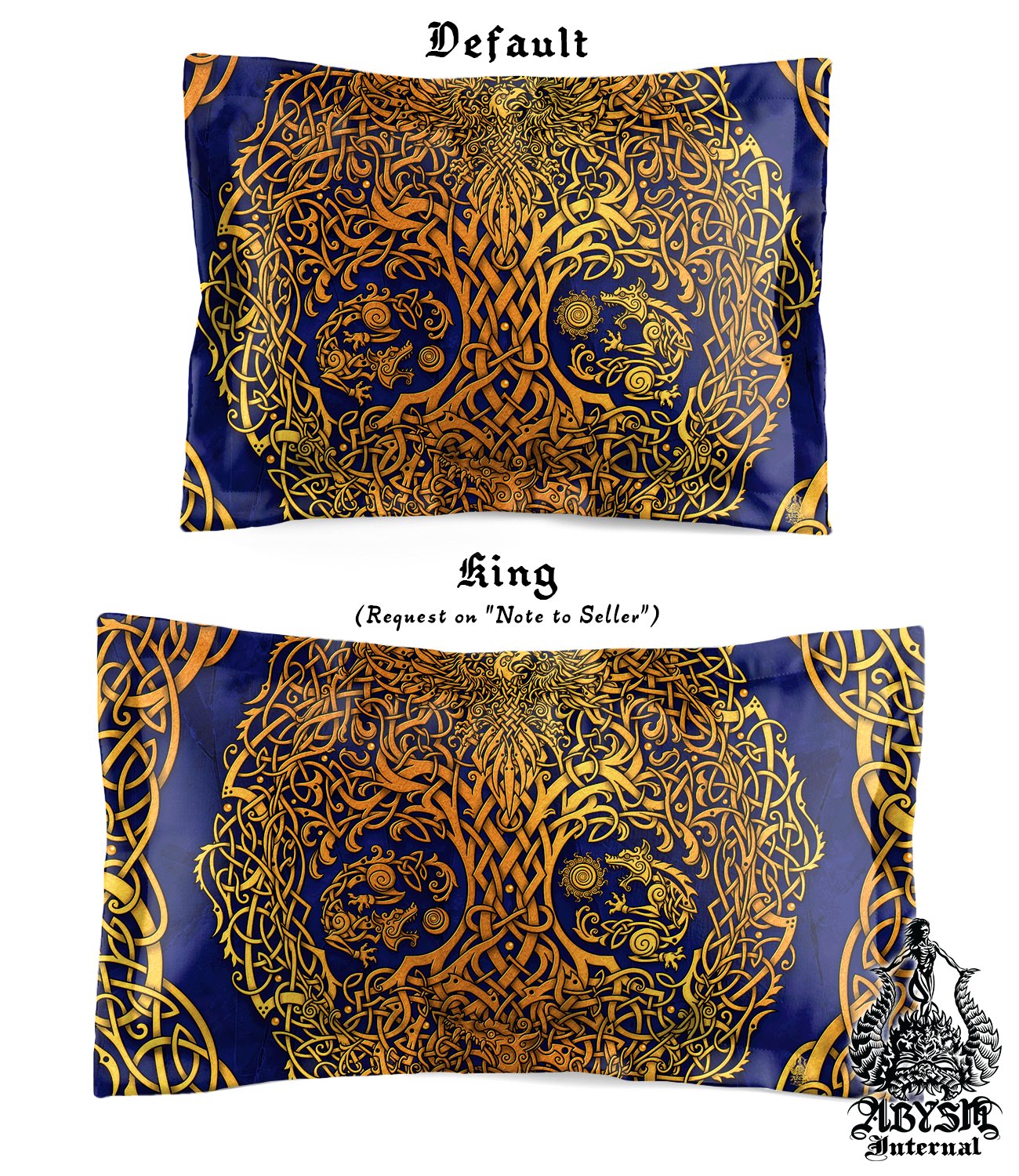 Gold Yggdrasil Bedding Set, Comforter or Duvet, Viking Tree of Life, Norse Bed Cover, Bedroom Decor, King, Queen & Twin Size - 3 Colors: Red, Black, Blue - Abysm Internal