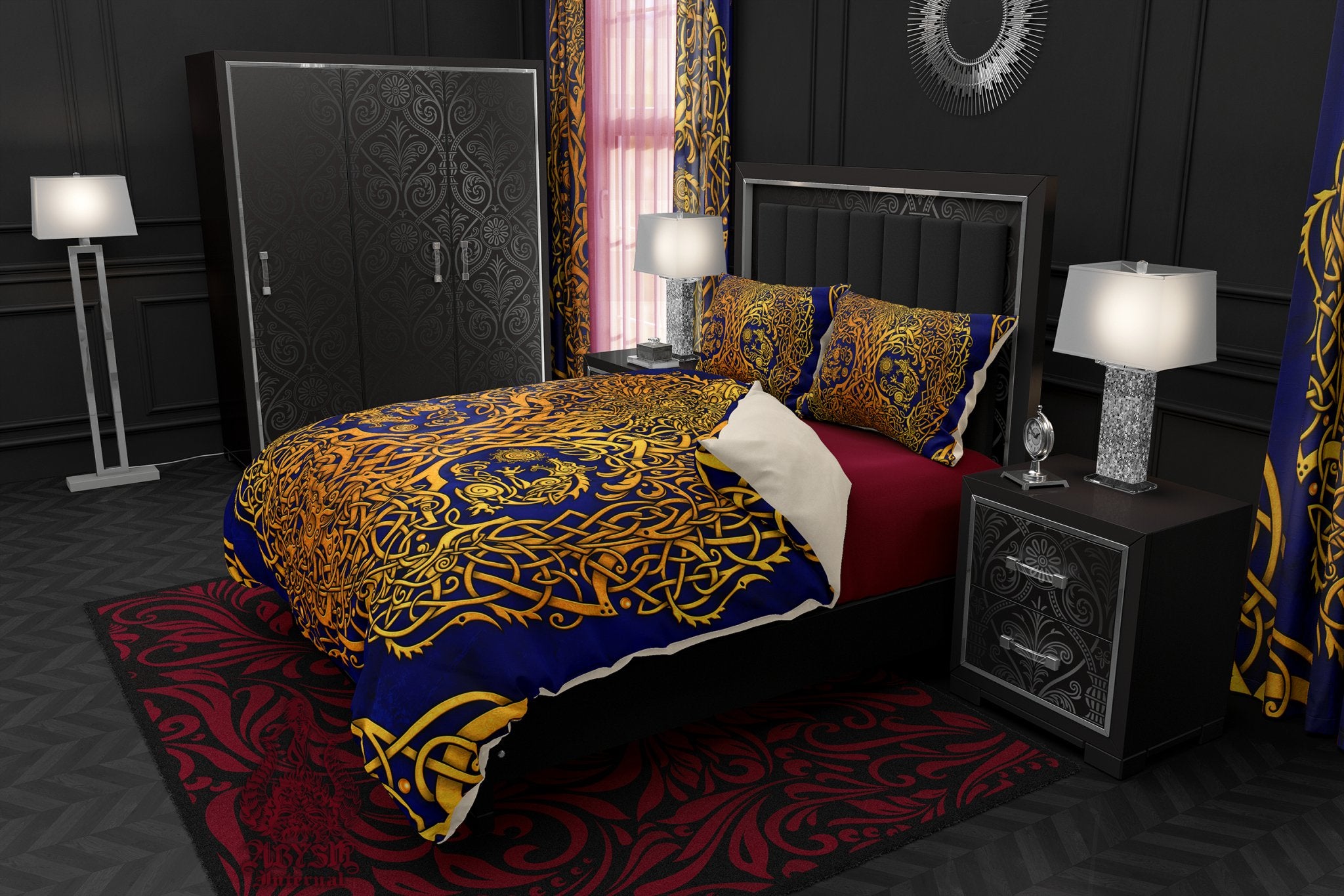 Gold Yggdrasil Bedding Set, Comforter or Duvet, Viking Tree of Life, Norse Bed Cover, Bedroom Decor, King, Queen & Twin Size - 3 Colors: Red, Black, Blue - Abysm Internal