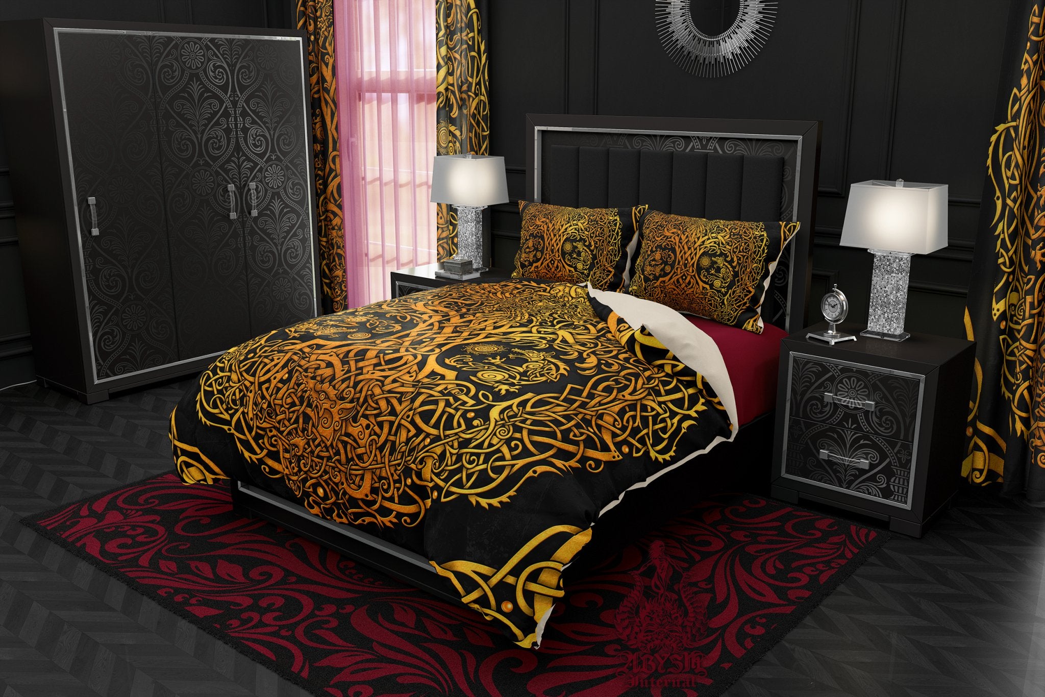 Gold Yggdrasil Bedding Set, Comforter or Duvet, Viking Tree of Life, Norse Bed Cover, Bedroom Decor, King, Queen & Twin Size - 3 Colors: Red, Black, Blue - Abysm Internal