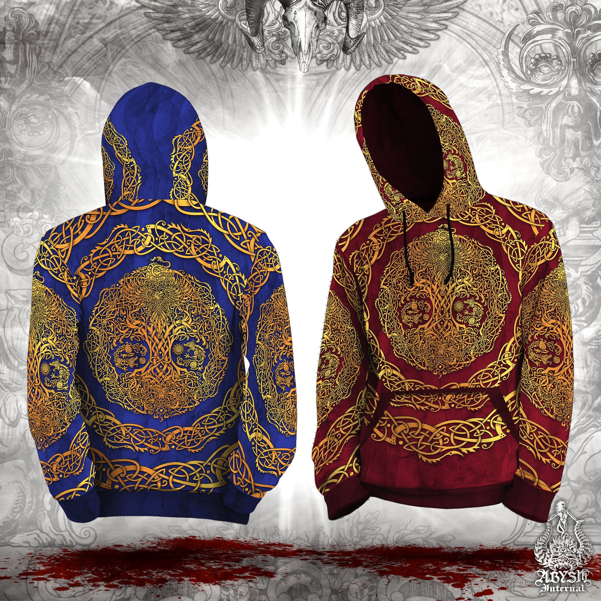 Gold Yggdrasil Pullover, Nordic Art Hoodie, Viking Sweater, Norse Street Outfit, Tree of Life Streetwear, Alternative Clothing, Unisex - Red, Blue or Black, 3 Colors - Abysm Internal