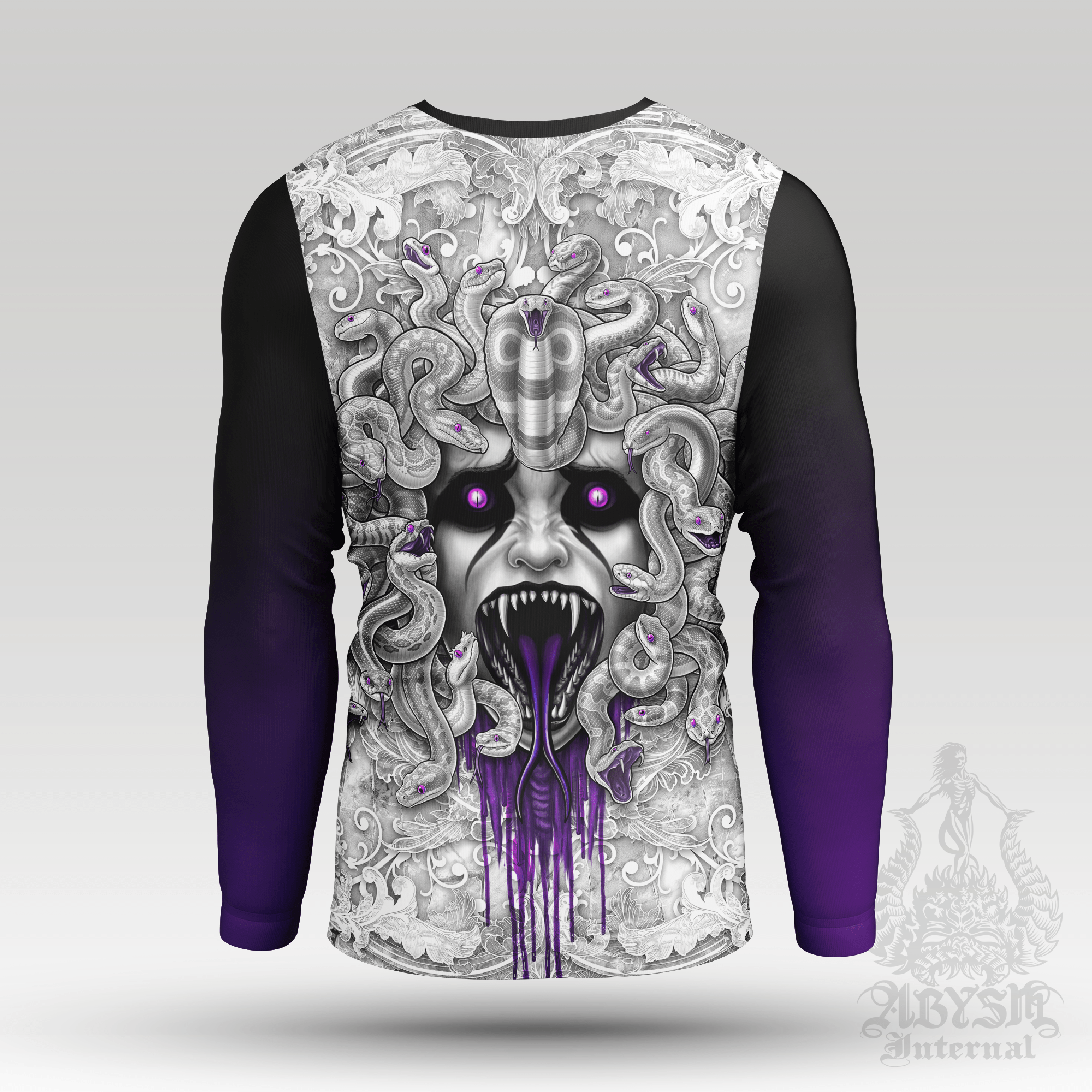 Gorgon Rash Guard - White Goth Purple Long Sleeve Surf Shirt, Gothic Medusa Sports Top | Mythology Fantasy Art UV Protection Activewear for Men and Women - Abysm Internal