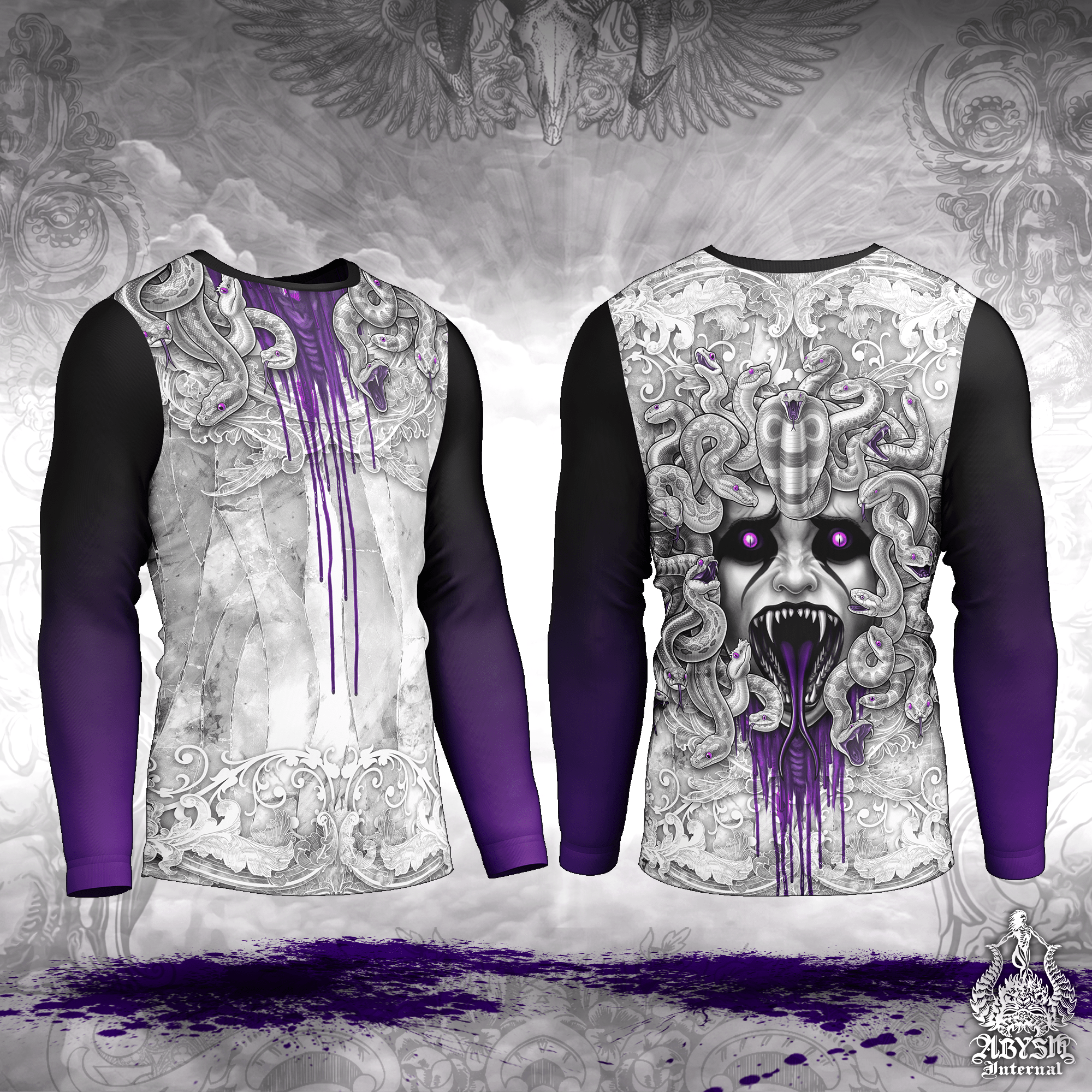 Gorgon Rash Guard - White Goth Purple Long Sleeve Surf Shirt, Gothic Medusa Sports Top | Mythology Fantasy Art UV Protection Activewear for Men and Women - Abysm Internal