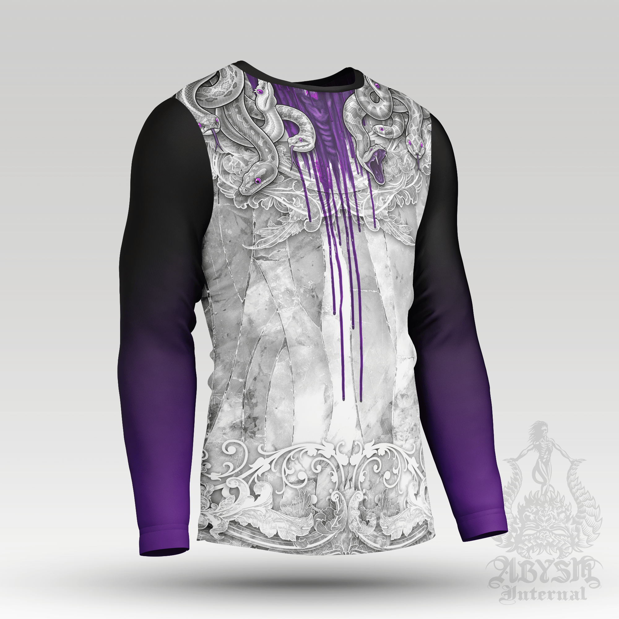 Gorgon Rash Guard - White Goth Purple Long Sleeve Surf Shirt, Gothic Medusa Sports Top | Mythology Fantasy Art UV Protection Activewear for Men and Women - Abysm Internal