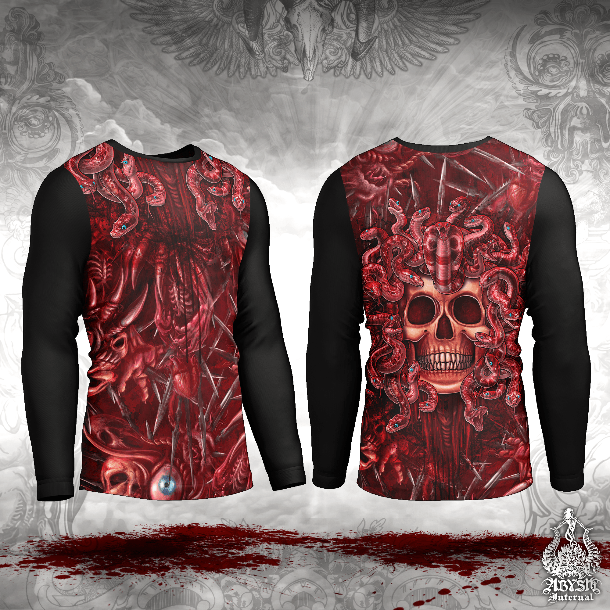 Gorgon Skull Rash Guard - Halloween Horror Long Sleeve Surf Shirt, Gore Monster Medusa Sports Top | Mythology Fantasy Art UV Protection Activewear for Men and Women - Abysm Internal