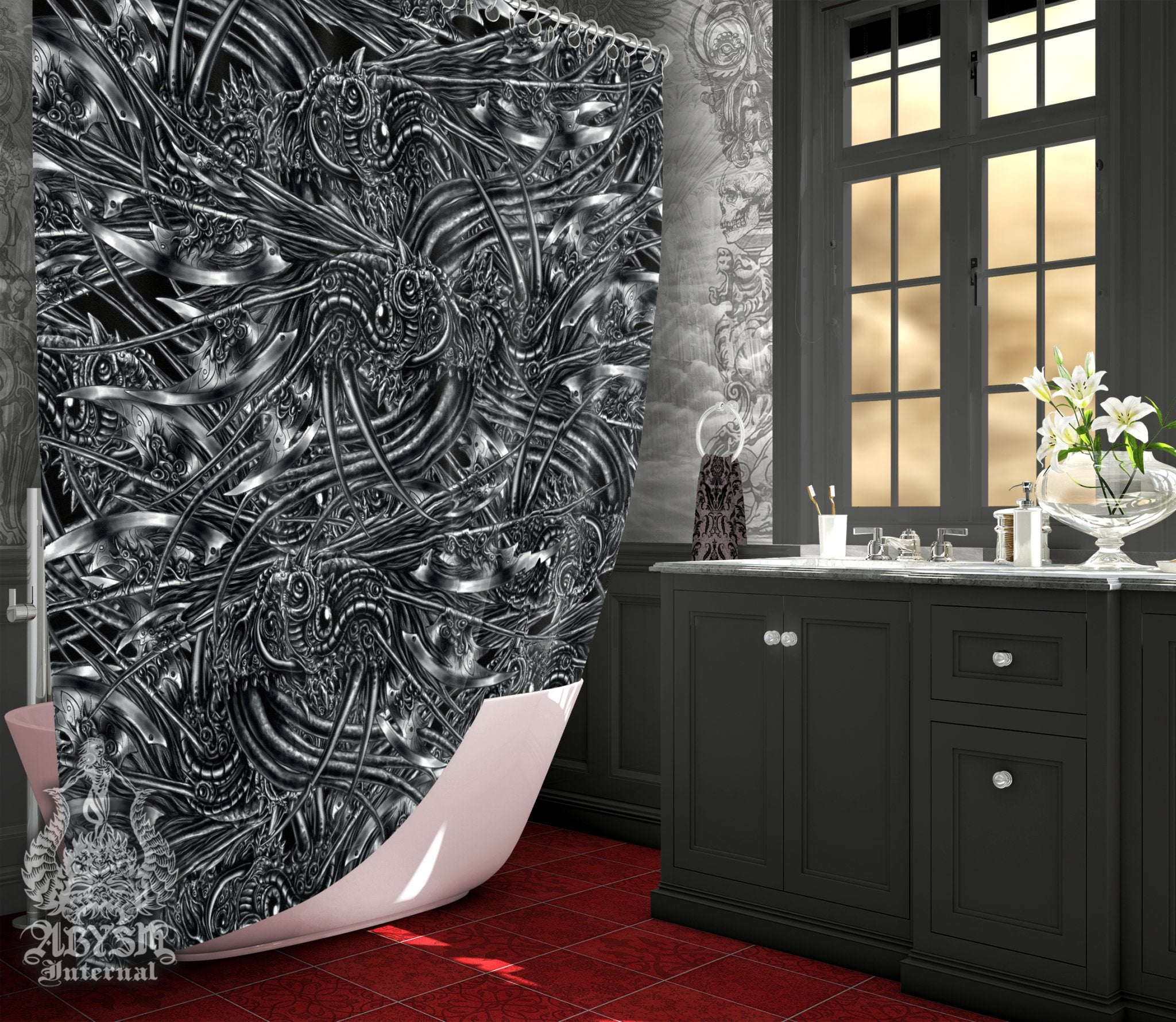 Goth Alien Shower Curtain, 71x74 inches, Dark Abstract Fantasy Art, Gothic Bathroom Decor - Abysm Internal