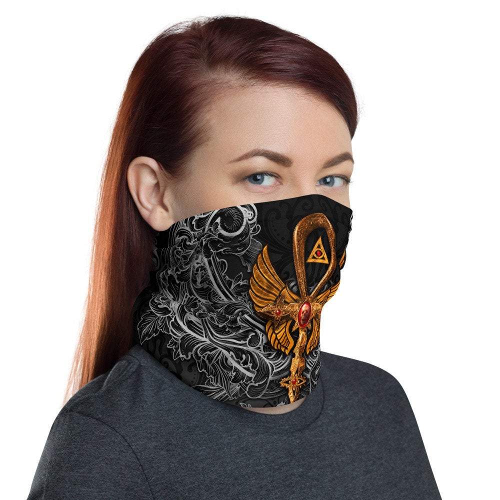 Goth Ankh Neck Gaiter, Face Mask, Printed Head Covering, Gothic Street Outfit - Red, Gold and White Cross on Dark Black, 3 Colors - Abysm Internal