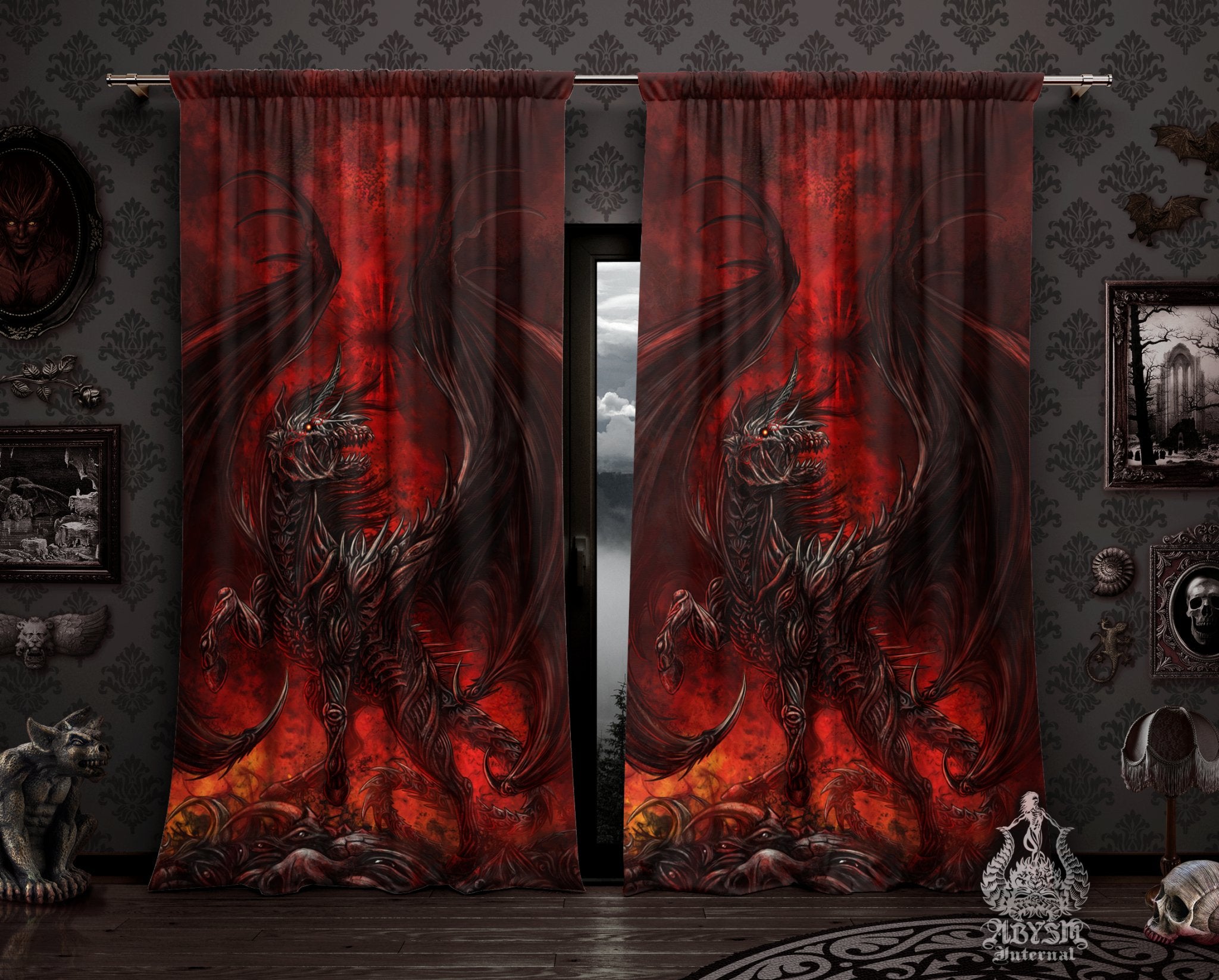 Goth Curtains, 50x84' Printed Window Panels, Fantasy Room Decor, Art Print - Demon Horse, Hell Unicorn - Abysm Internal