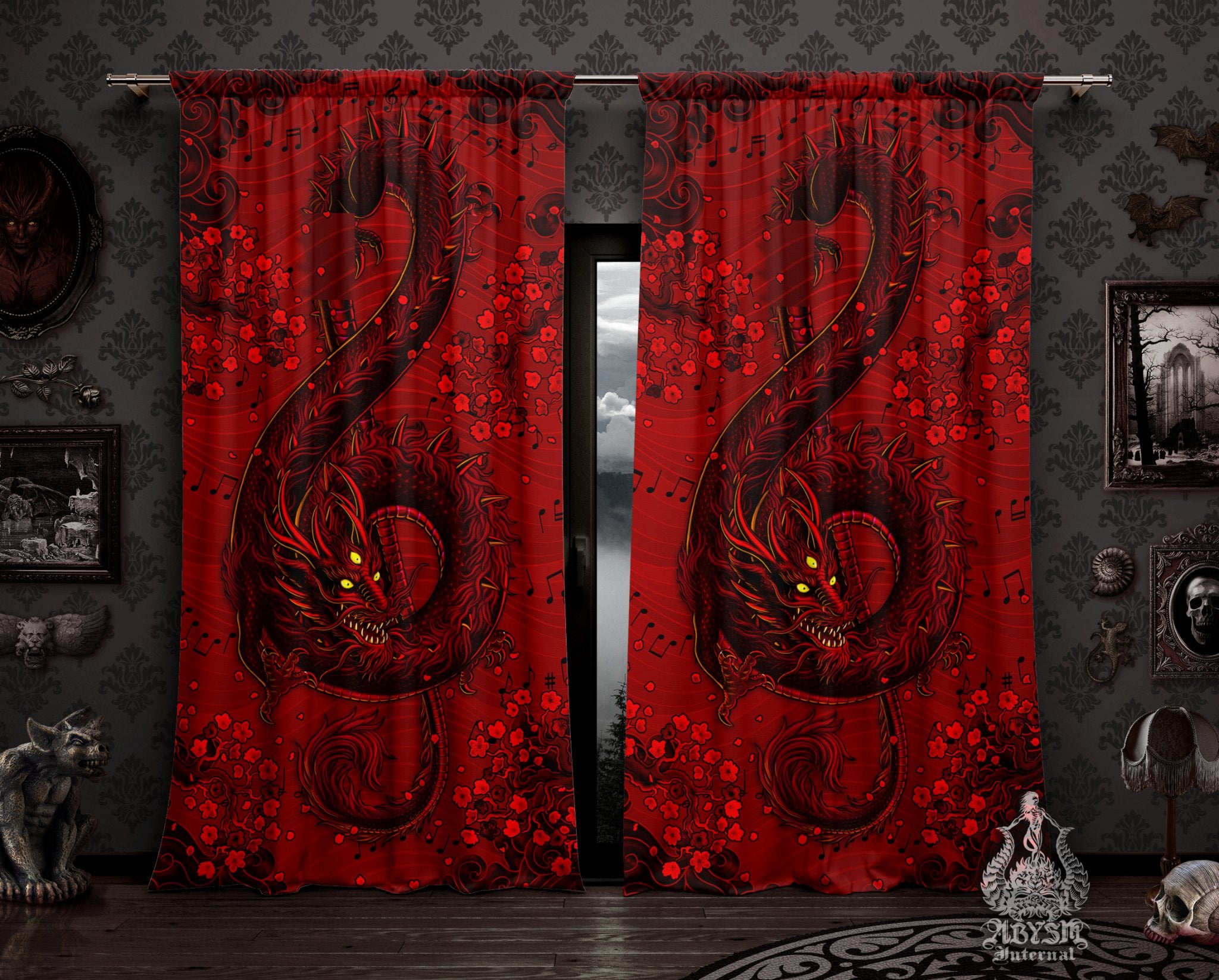 Goth Dragon Curtains, 50x84' Printed Window Panels, Treble Clef, Music Art Print, Gothic Home Decor - Demon - Abysm Internal