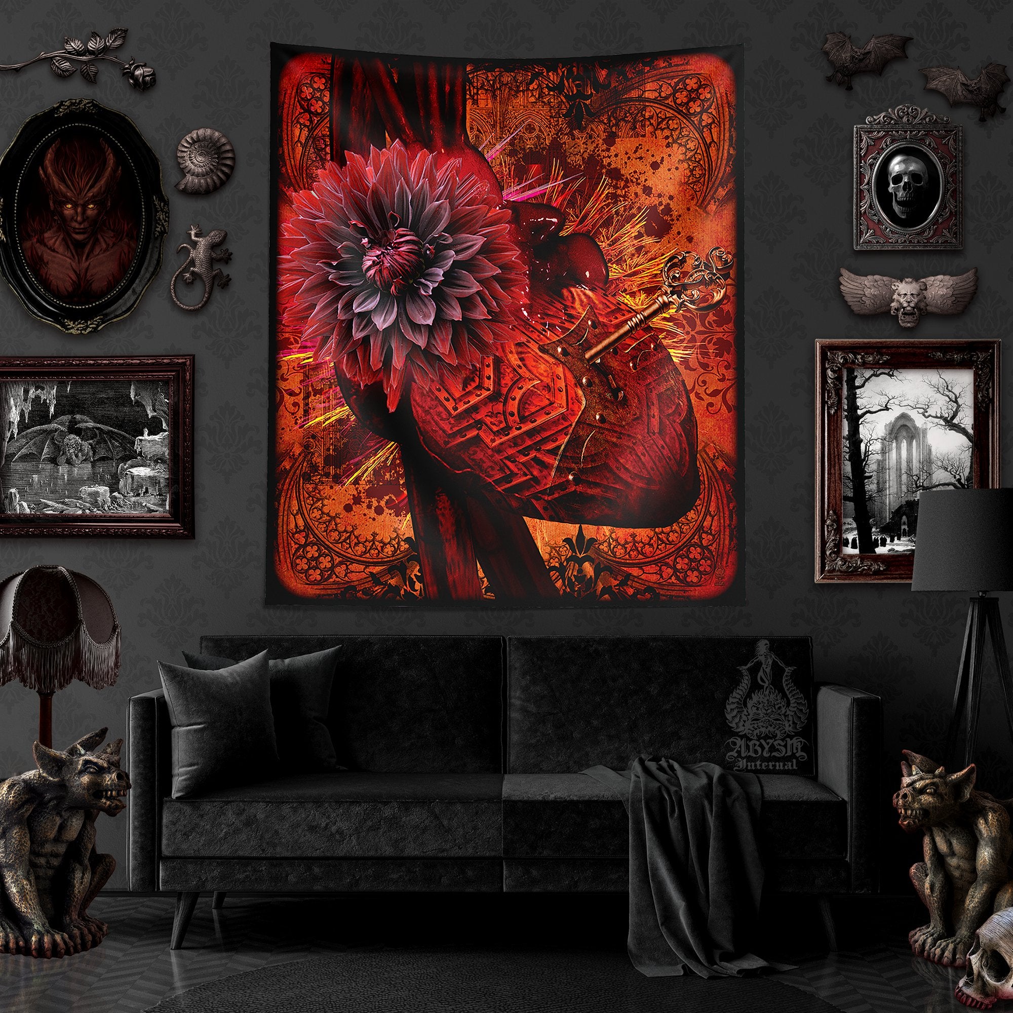 Goth Heart Tapestry, Gothic Wall Hanging, Dark Grunge Home Decor, Vertical Art Print - Abysm Internal