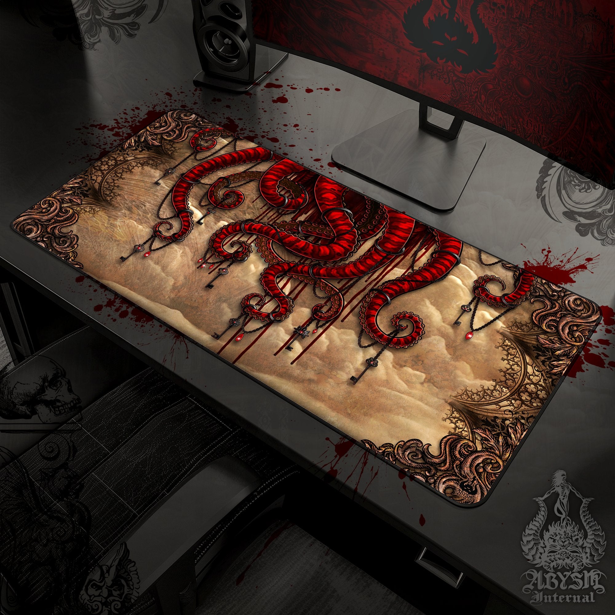 Goth Horror Desk Mat, Octopus Gaming Mouse Pad, Gothic Gamer Table Protector Cover, Tentacles Workpad, Fantasy Art Print - 2 Colors - Abysm Internal