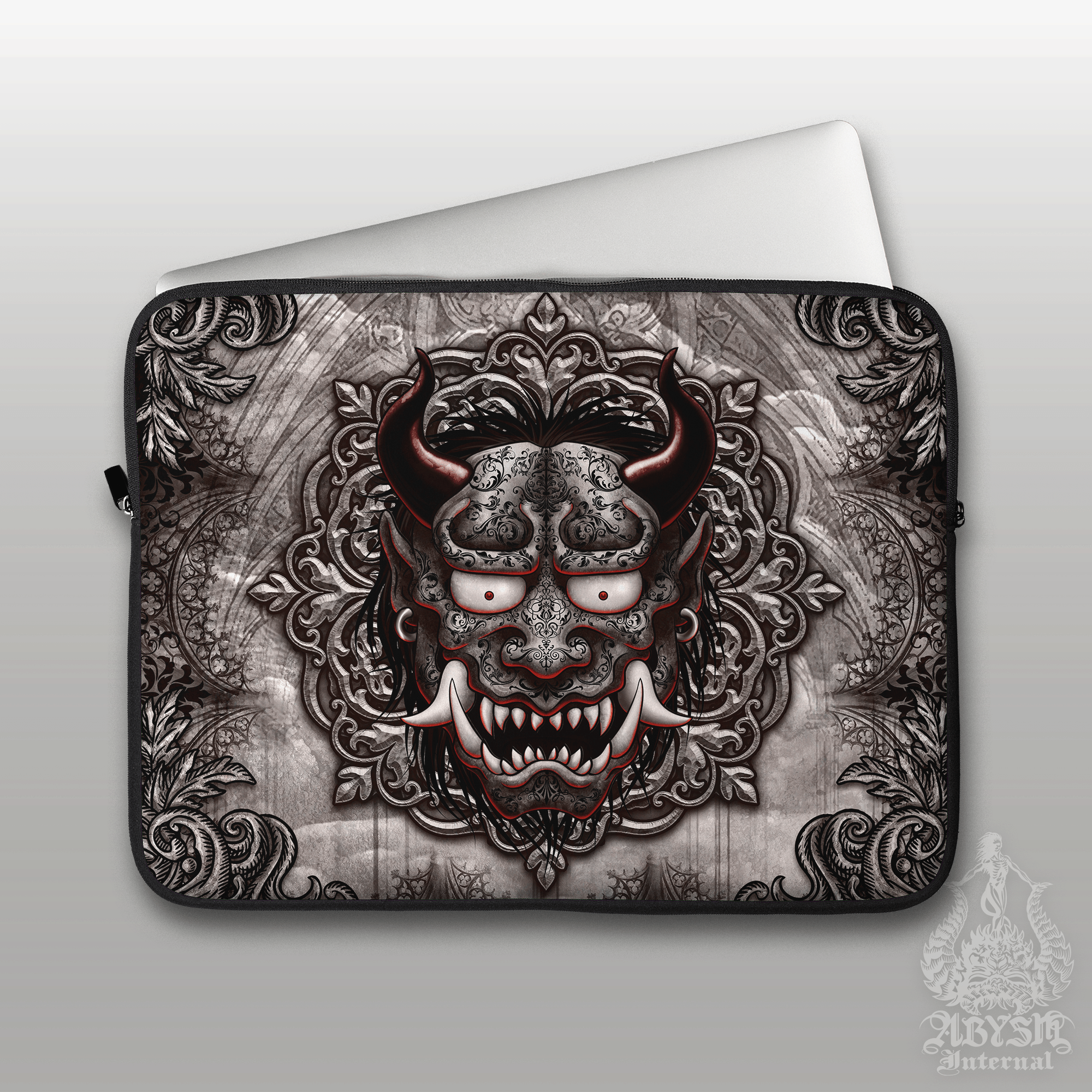 Goth Oni Laptop Case – Grey Gothic Horror Japanese Demon, 13" & 15", Dark Fantasy Art, Printed Padded Soft Sleeve - Abysm Internal