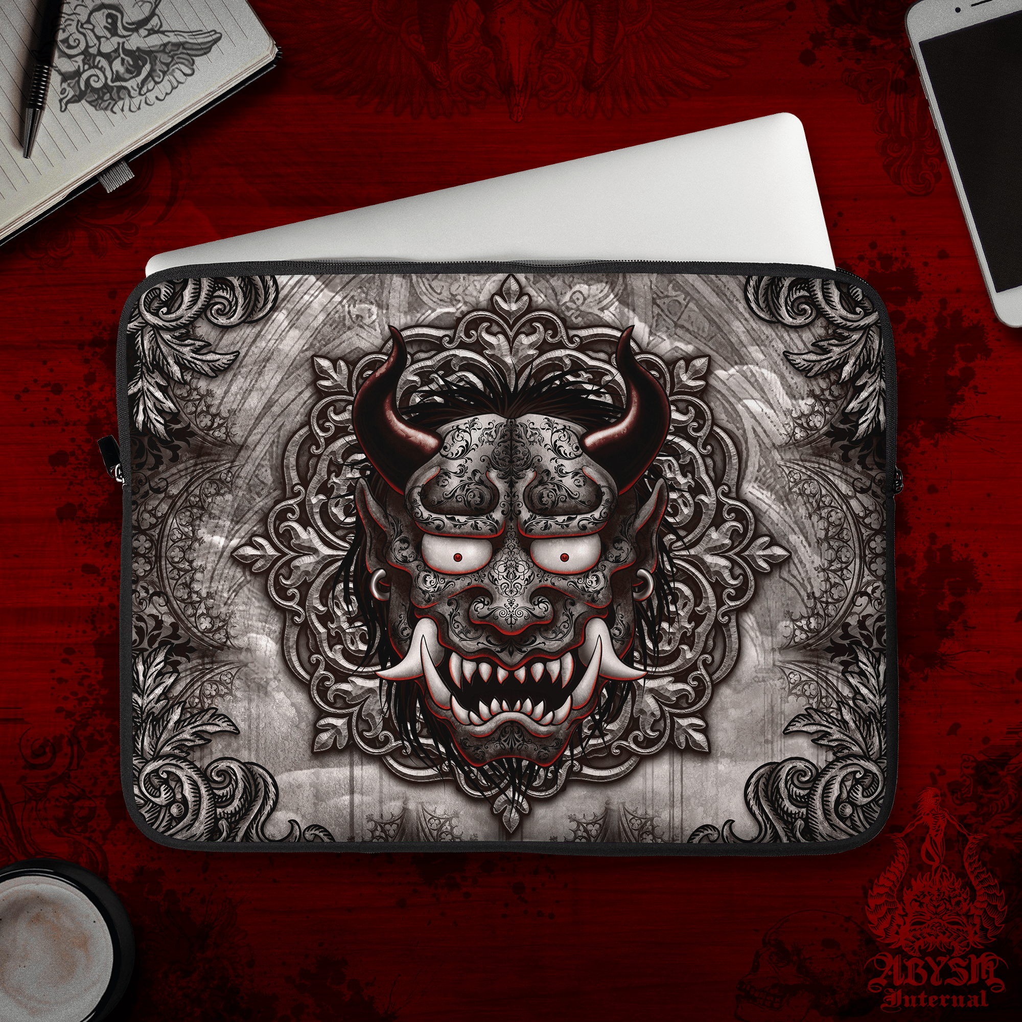 Goth Oni Laptop Case – Grey Gothic Horror Japanese Demon, 13" & 15", Dark Fantasy Art, Printed Padded Soft Sleeve - Abysm Internal